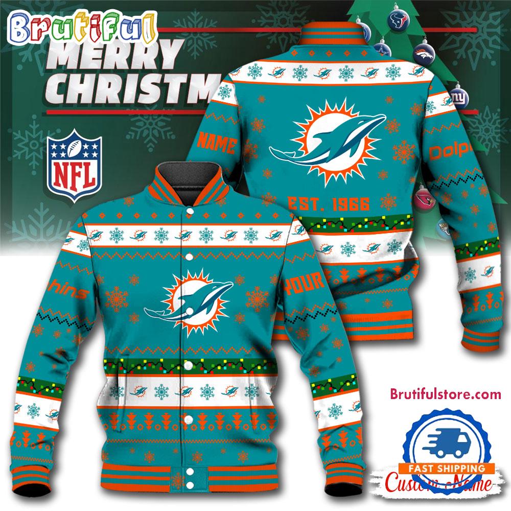 NFL Miami Dolphins Snow Xmas Tree Christmas Custom Baseball Jacket