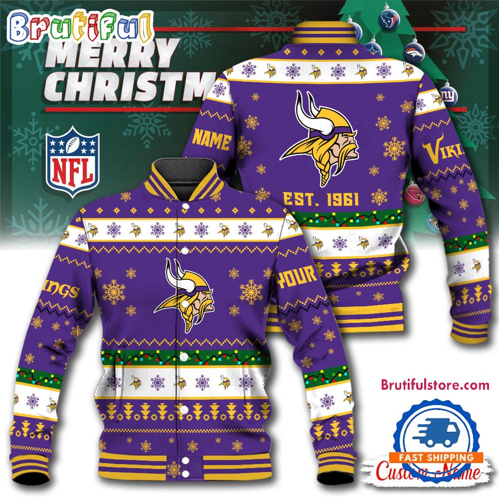 NFL Minnesota Vikings Snow Xmas Tree Christmas Custom Baseball Jacket
