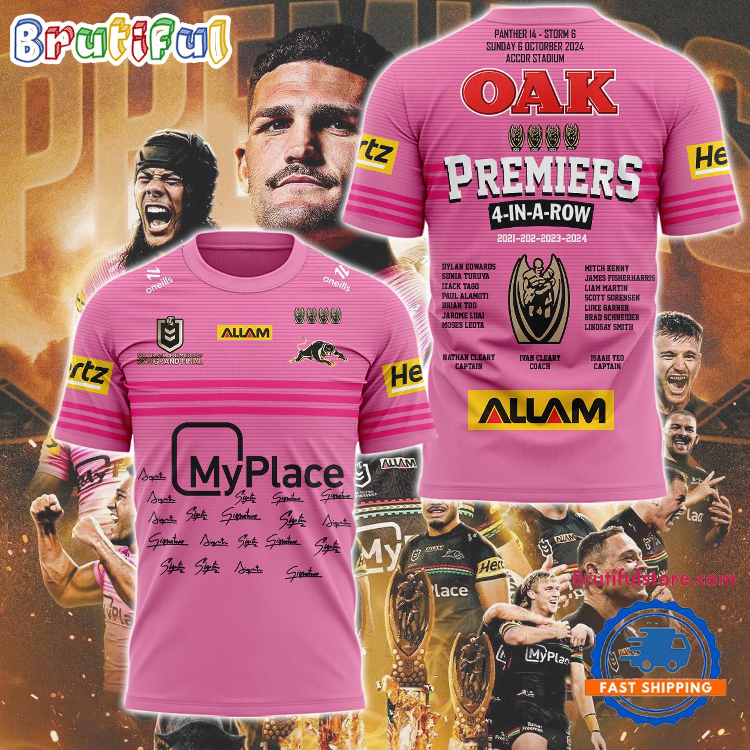 Penrith Panthers NRL Champions 2024 Premiers 4 In A Row Signature Pink Design 3D Shirt
