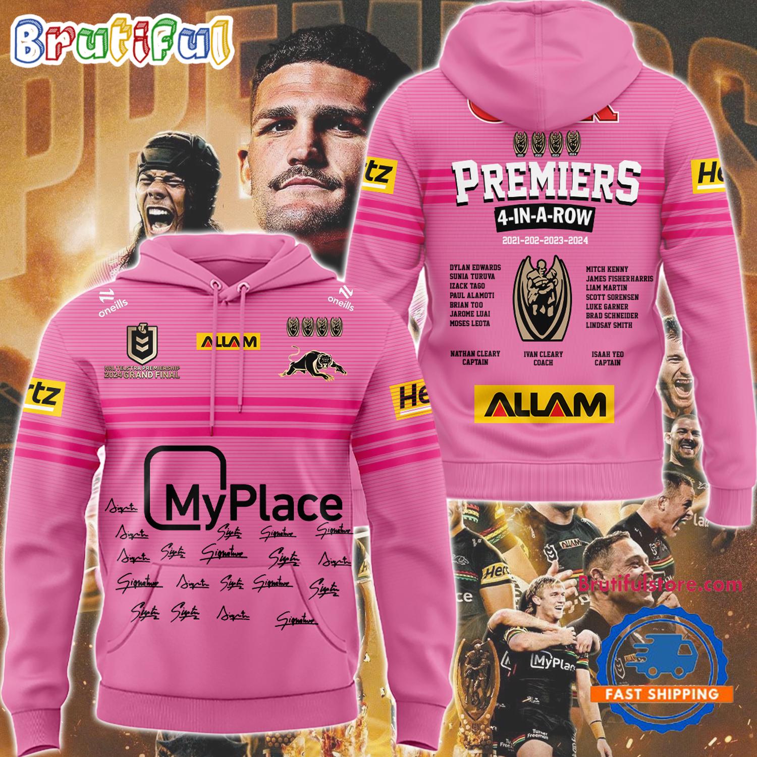 Penrith Panthers NRL Champions 2024 Premiers 4 In A Row Signature Pink Design Hoodie
