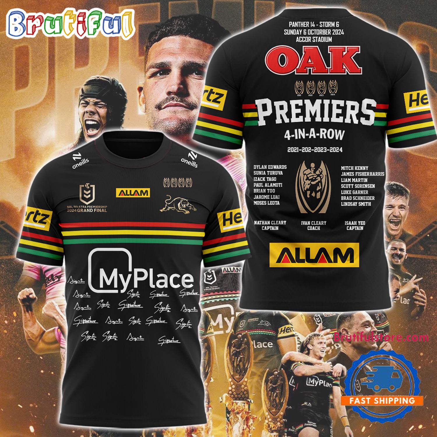 Penrith Panthers NRL Champions 2024 Premiers 4 In A Row Signature T Shirt