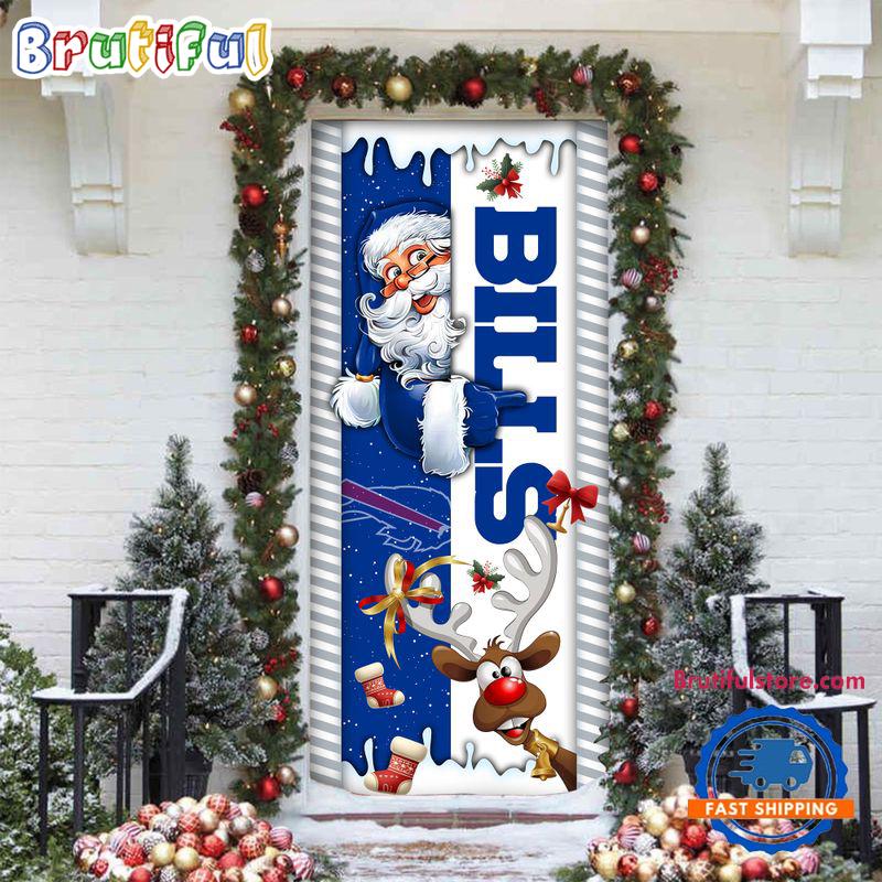 NFL Buffalo Bills Santa Reindeer Merry Christmas Door Cover, Football Christmas Home Decor