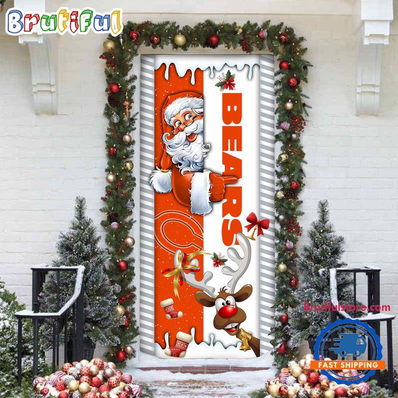 NFL Chicago Bears Santa Reindeer Merry Christmas Door Cover, Football Christmas Home Decor