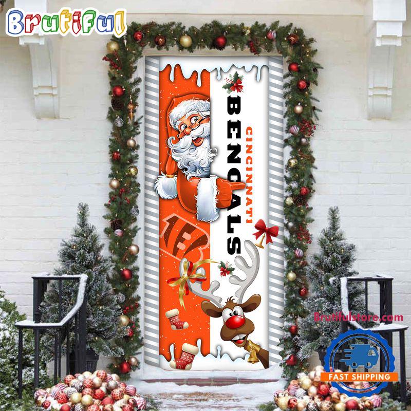 NFL Cincinnati Bengals Santa Reindeer Merry Christmas Door Cover, Football Christmas Home Decor