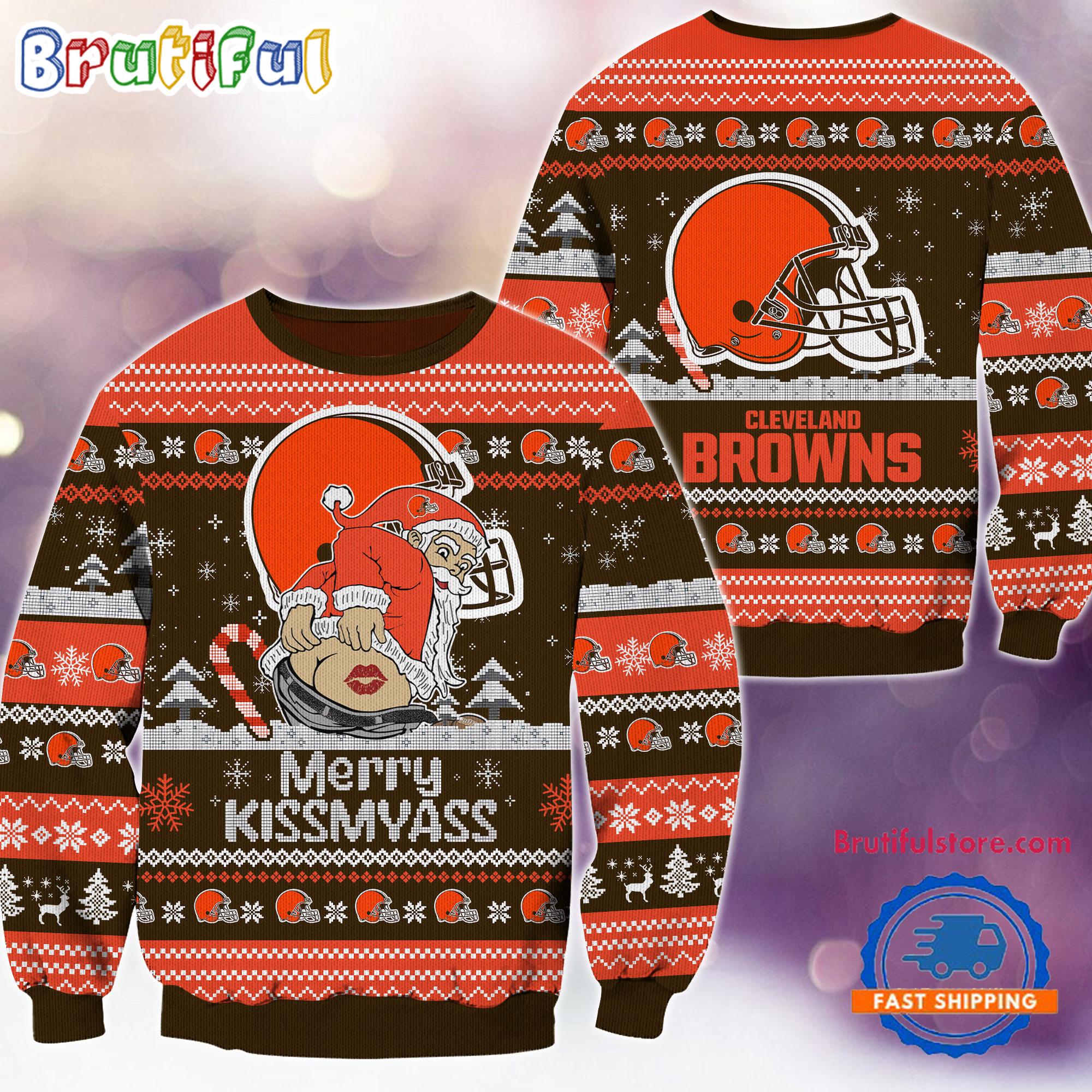 NFL Cleveland Browns NFL 2024 Merrykissmyass Funny Santa Claus Christmas Ugly Sweater
