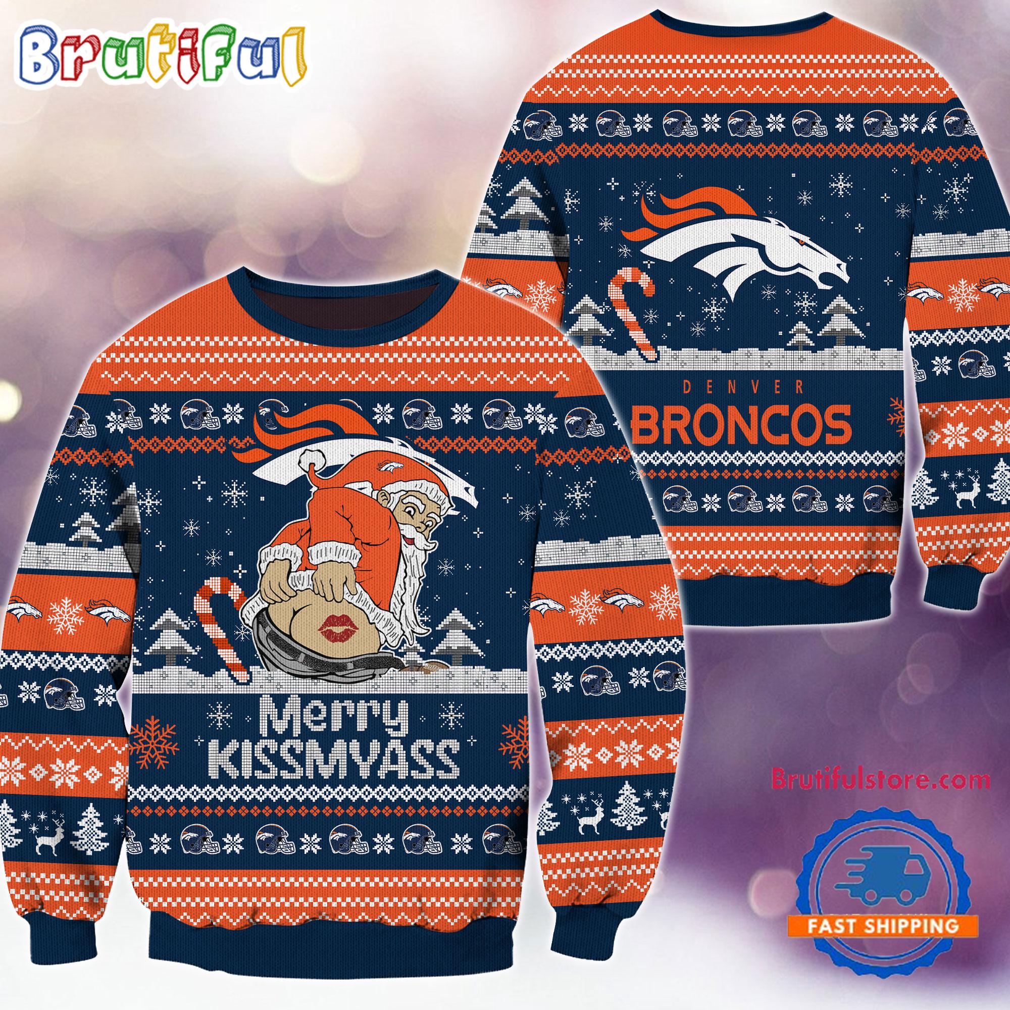 NFL Denver Broncos NFL 2024 Merrykissmyass Funny Santa Claus Christmas Ugly Sweater