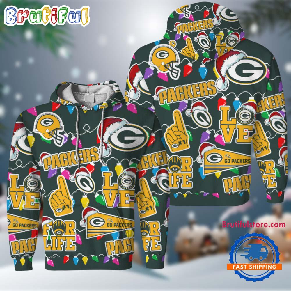 NFL Green Bay Packers Love For Life Football Team Merry Christmas Hoodie Shirt