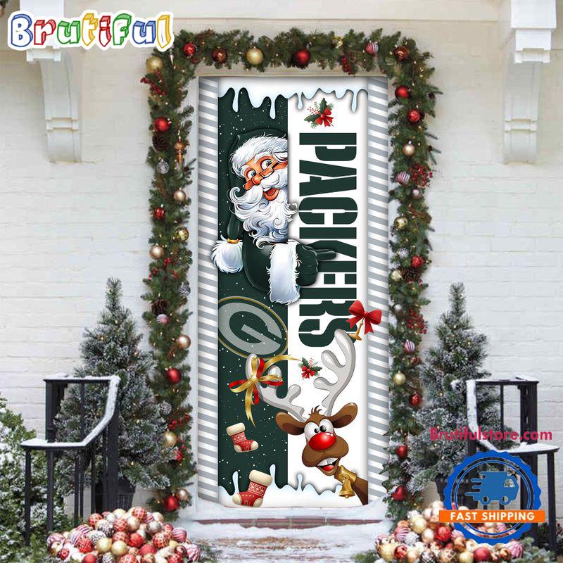NFL Green Bay Packers Santa Reindeer Merry Christmas Door Cover, Football Christmas Home Decor