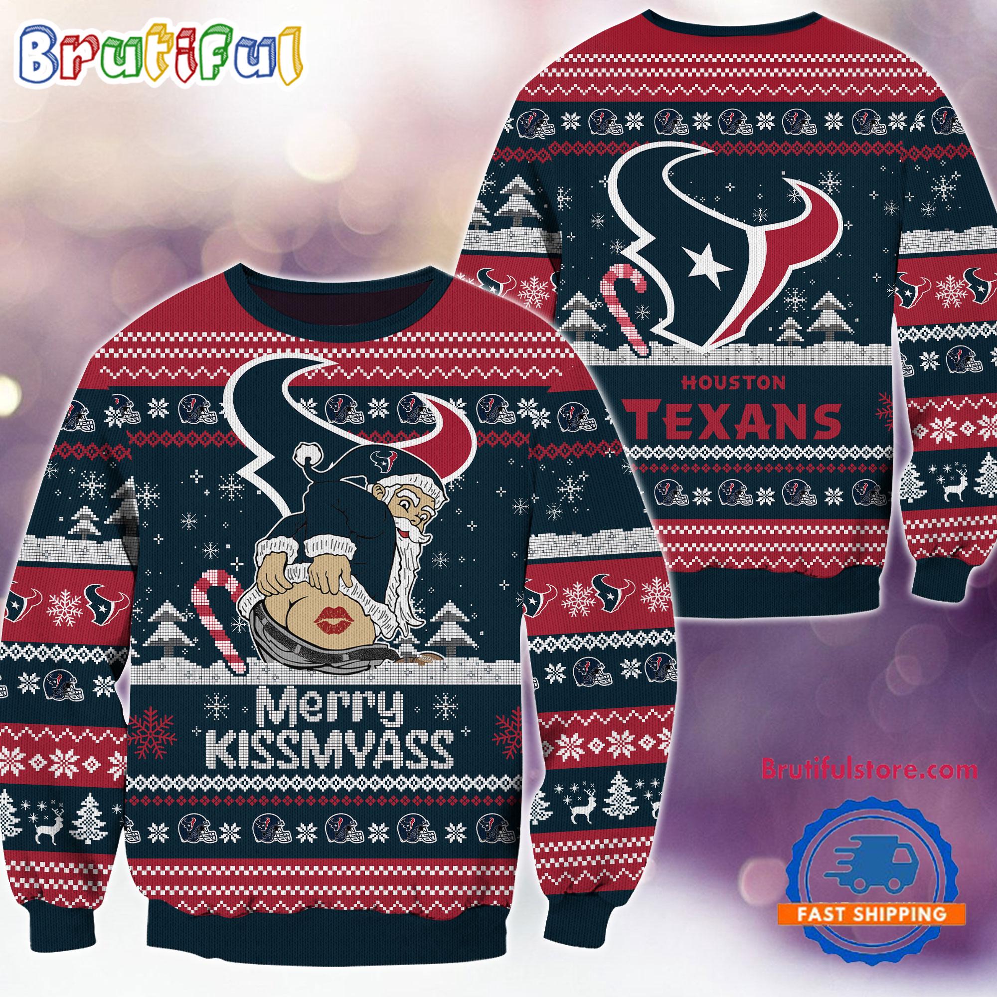NFL Houston Texans NFL 2024 Merrykissmyass Funny Santa Claus Christmas Ugly Sweater