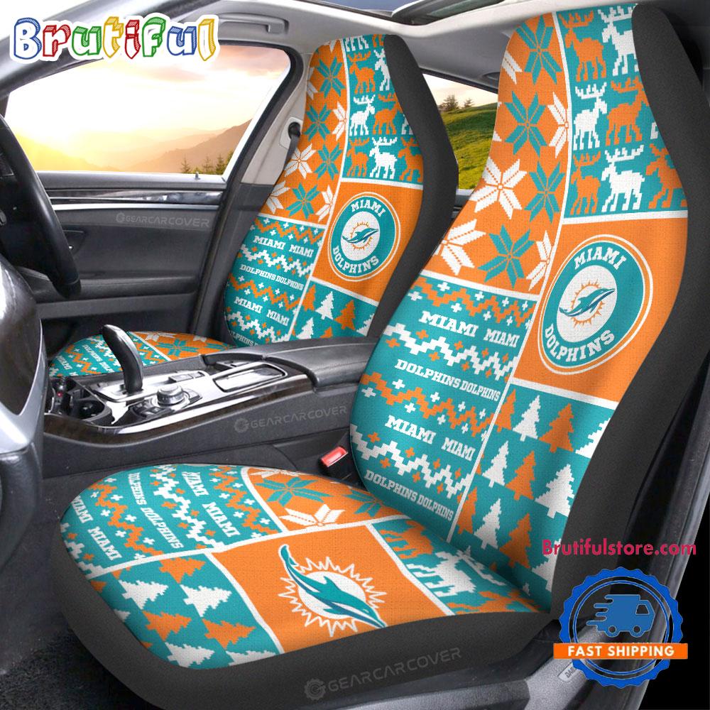 NFL Miami Dolphins Design Christmas Car Seat Covers, Football Xmas Car Decor