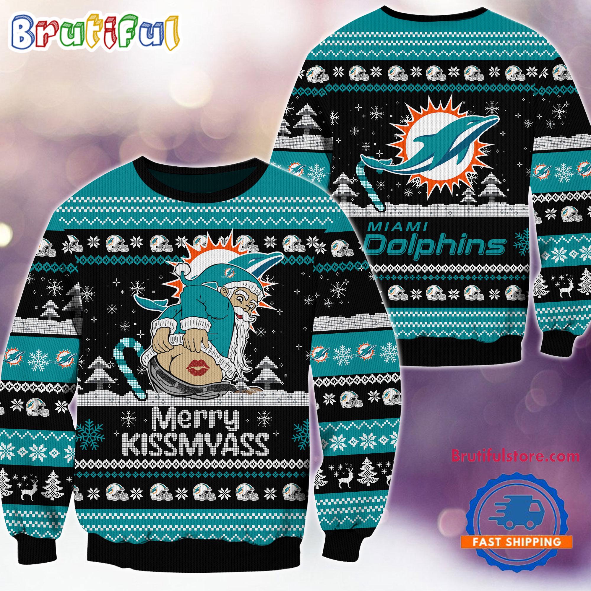 NFL Miami Dolphins NFL 2024 Merrykissmyass Funny Santa Claus Christmas Ugly Sweater