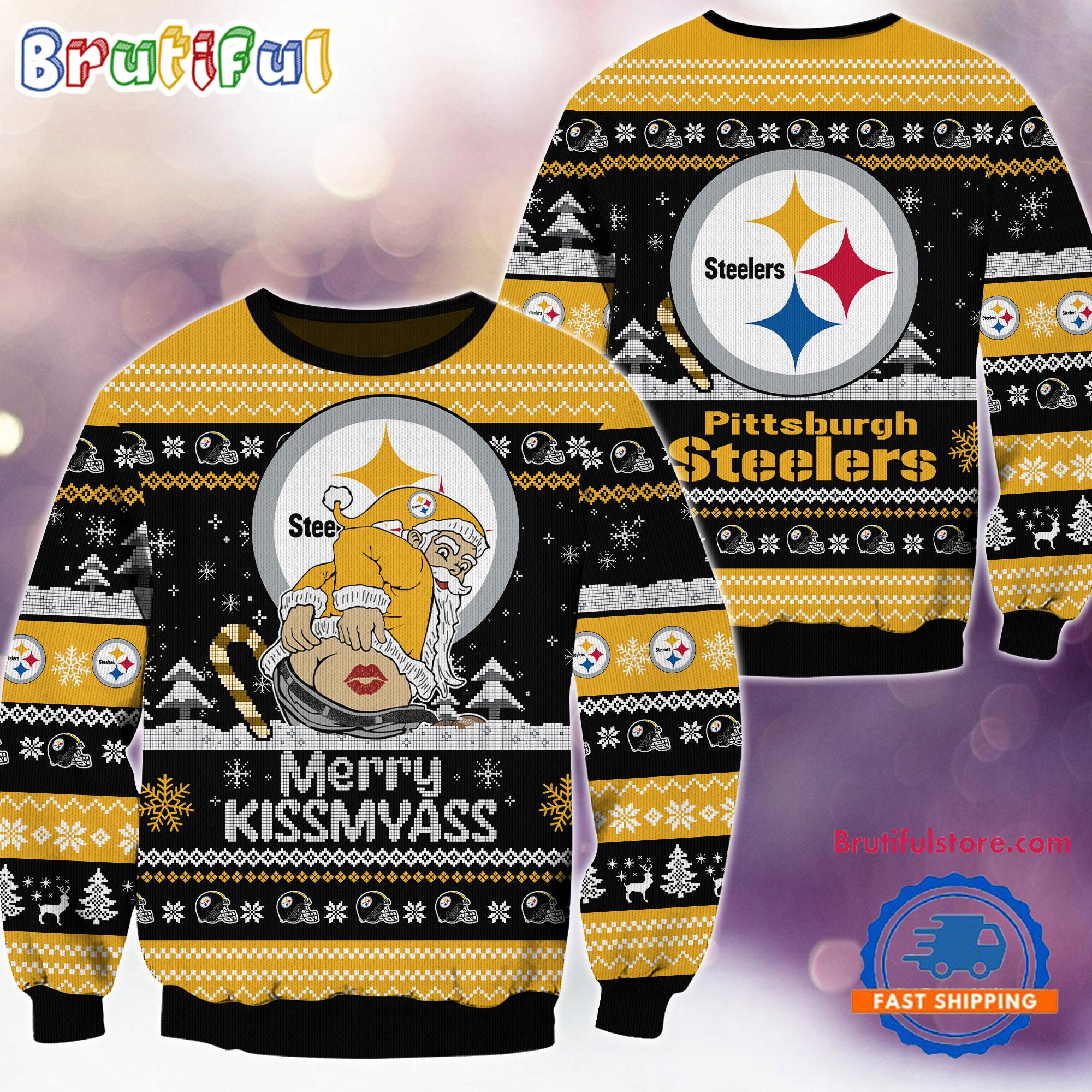 NFL Pittsburgh Steelers NFL 2024 Merrykissmyass Funny Santa Claus Christmas Ugly Sweater