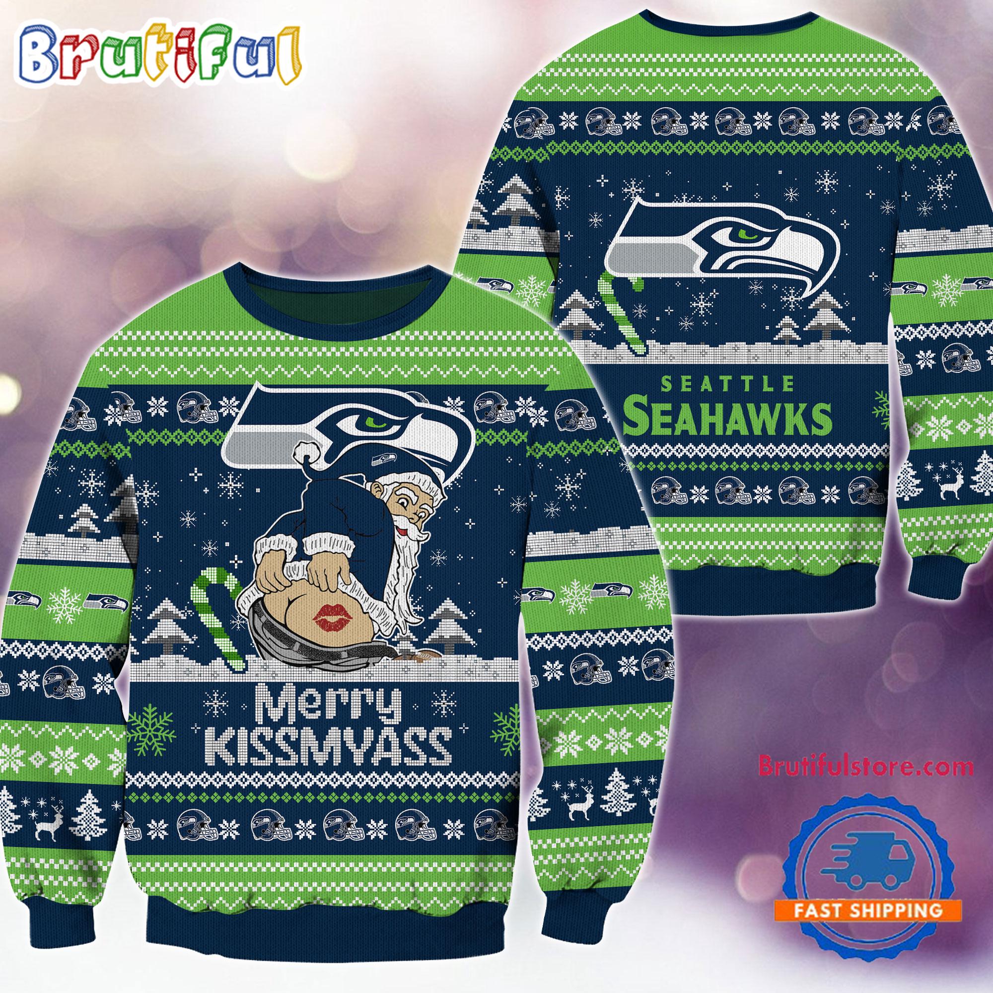 NFL Seattle Seahawks NFL 2024 Merrykissmyass Funny Santa Claus Christmas Ugly Sweater