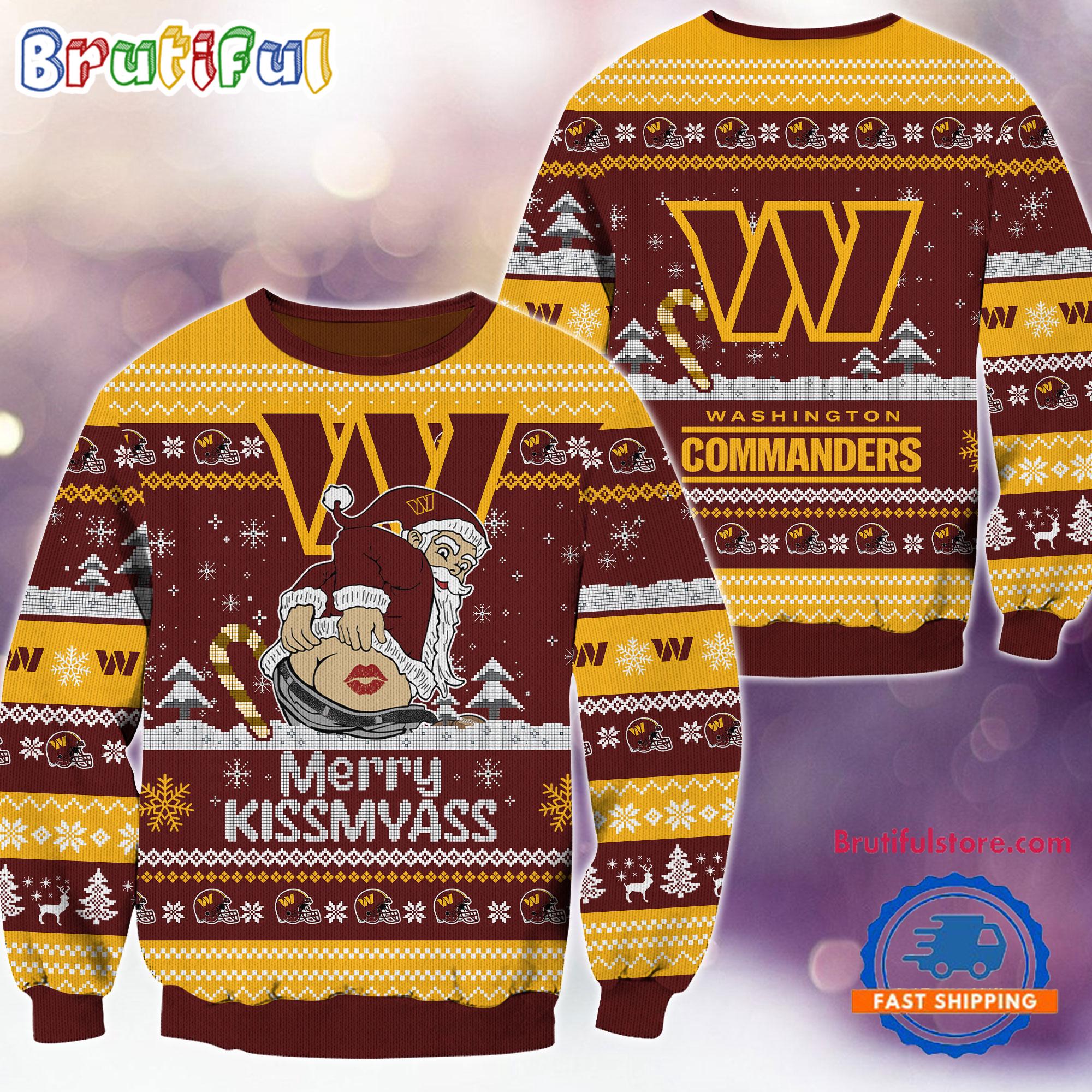 NFL Washington Commanders NFL 2024 Merrykissmyass Funny Santa Claus Christmas Ugly Sweater