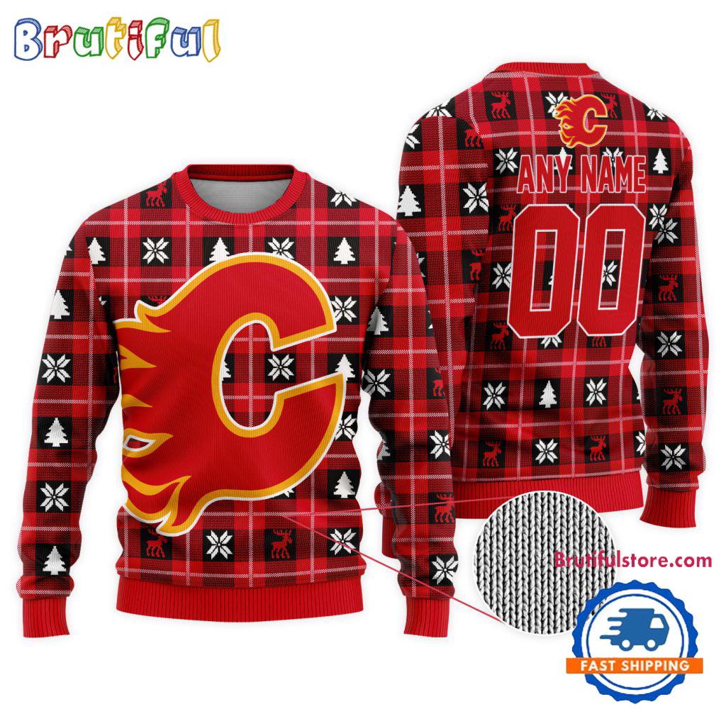NHL Calgary Flames Personalized Snow Tree Ugly Christmas Sweater