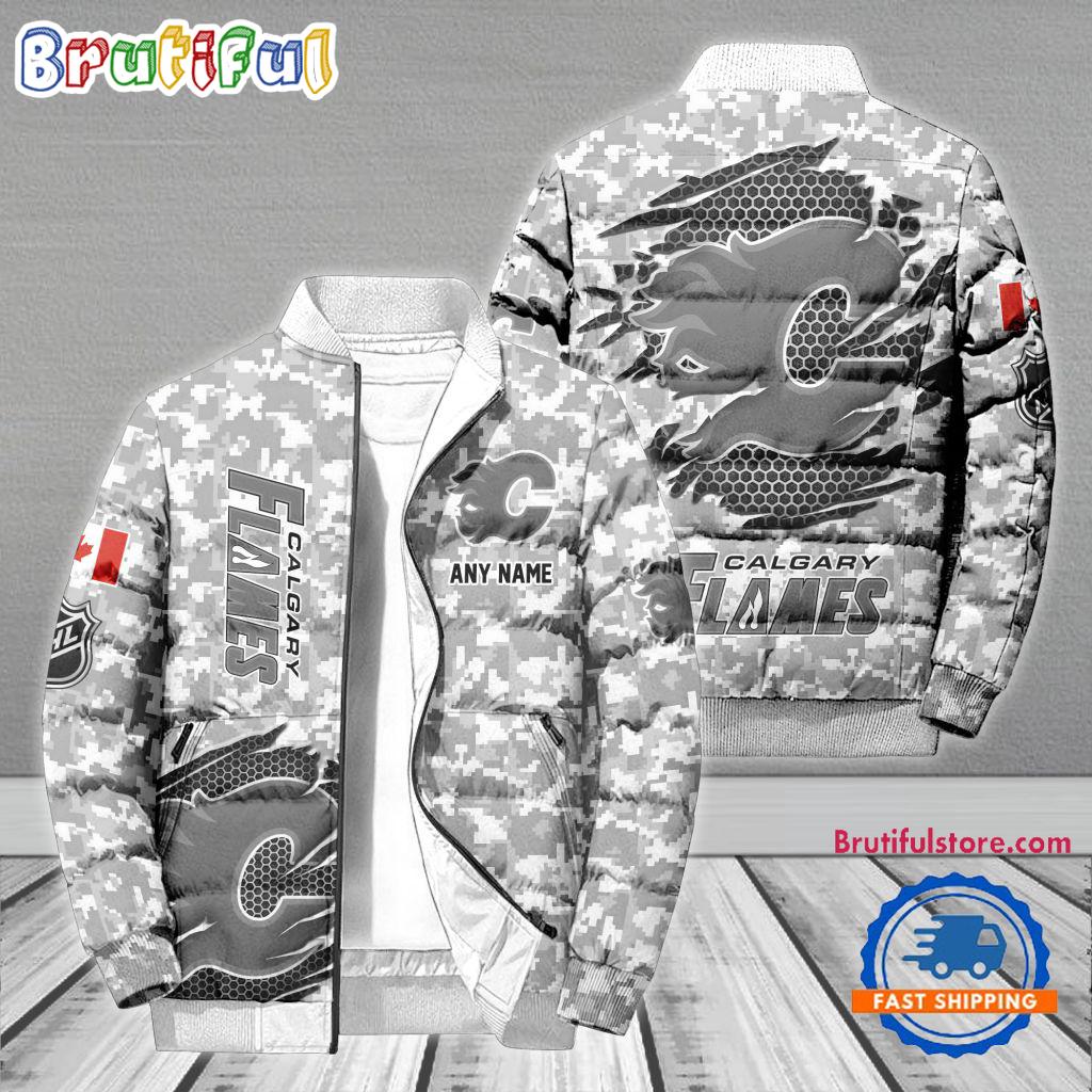 NHL Calgary Flames Special Camo Honor Veterans Puffer Jacket, Hockey Team Design Jacket
