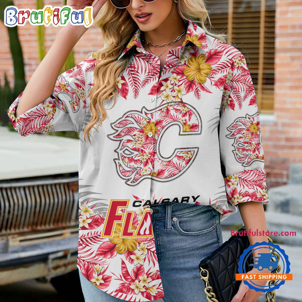NHL Calgary Flames Special Hockey Team Hawaiian Design Women's Casual Shirt