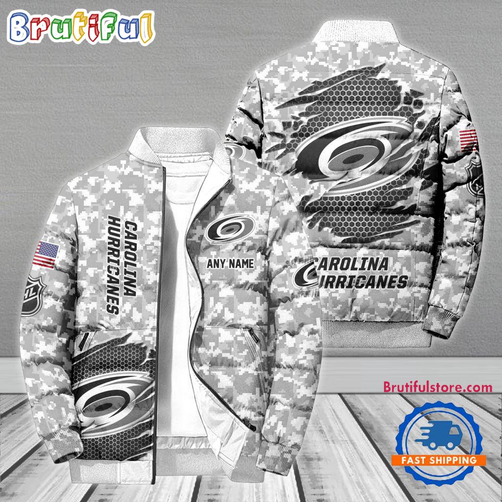 NHL Carolina Hurricanes Special Camo Honor Veterans Puffer Jacket, Hockey Team Design Jacket