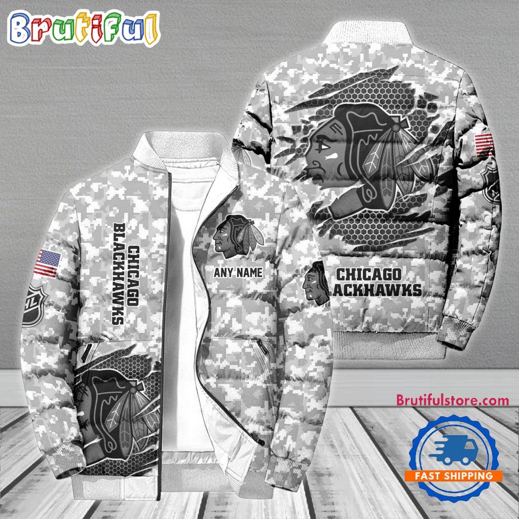 NHL Chicago Blackhawks Special Camo Honor Veterans Puffer Jacket, Hockey Team Design Jacket