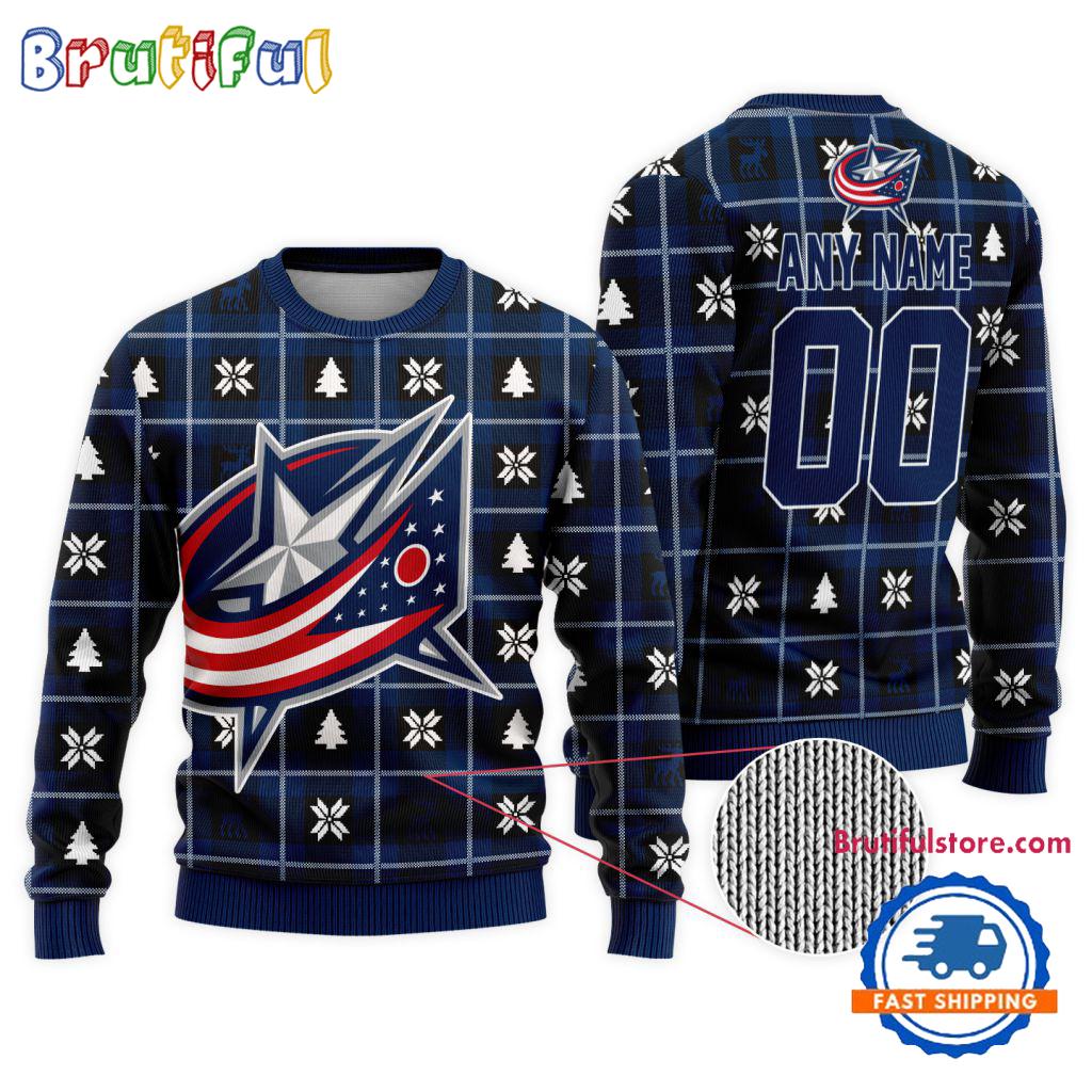 NHL Columbus Blue Jackets Personalized Snow Tree Ugly Christmas Sweater