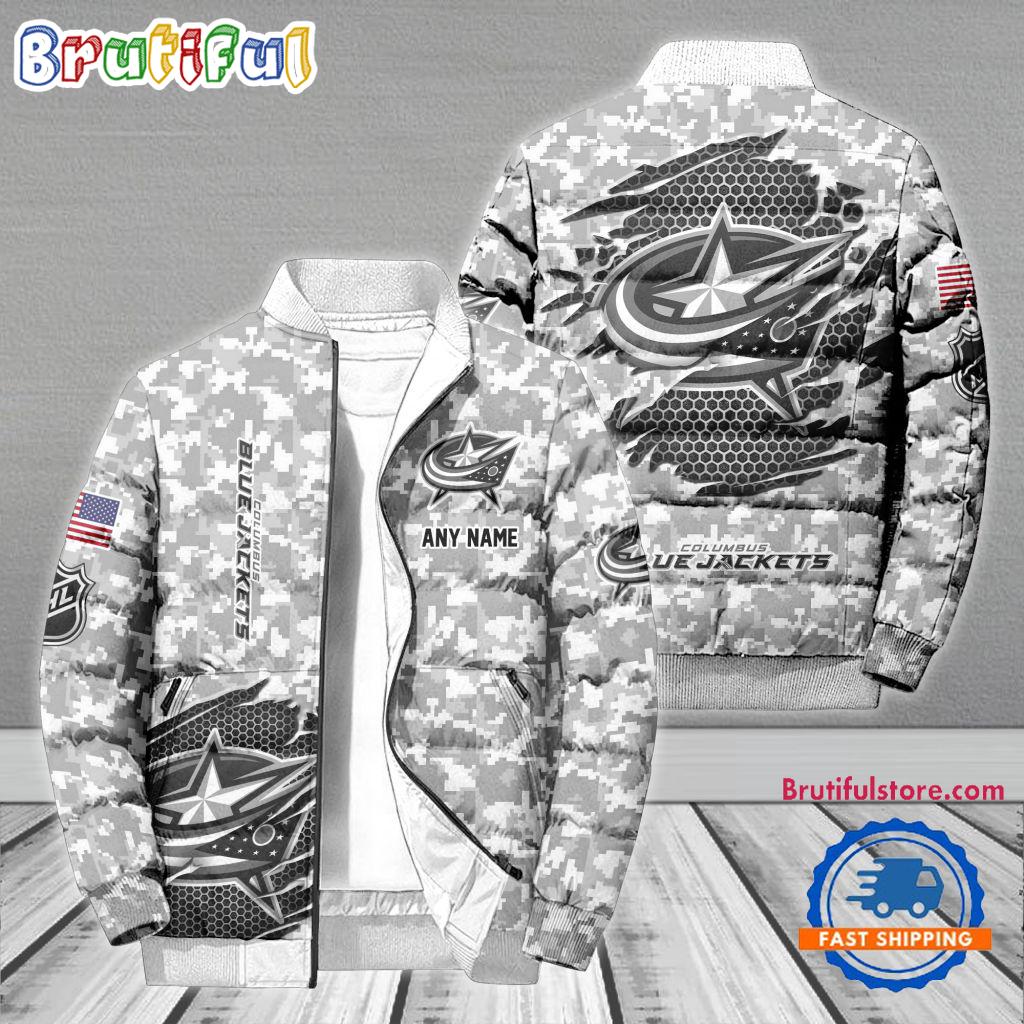 NHL Columbus Blue Jackets Special Camo Honor Veterans Puffer Jacket, Hockey Team Design Jacket