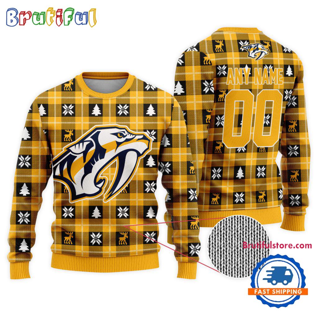 NHL Nashville Predators Personalized Snow Tree Ugly Christmas Sweater