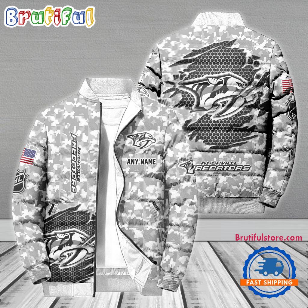 NHL Nashville Predators Special Camo Honor Veterans Puffer Jacket, Hockey Team Design Jacket