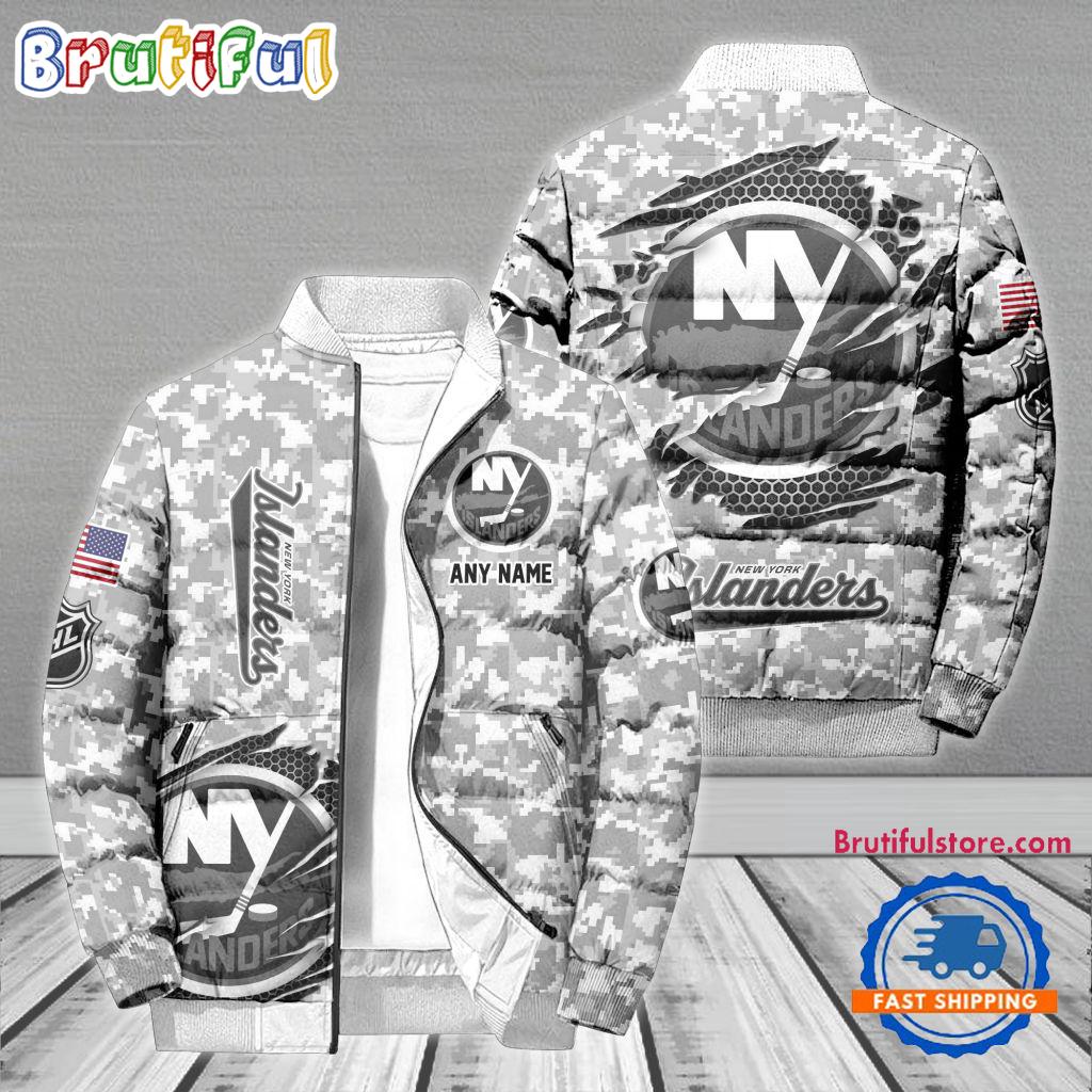 NHL New York Islanders Special Camo Honor Veterans Puffer Jacket, Hockey Team Design Jacket