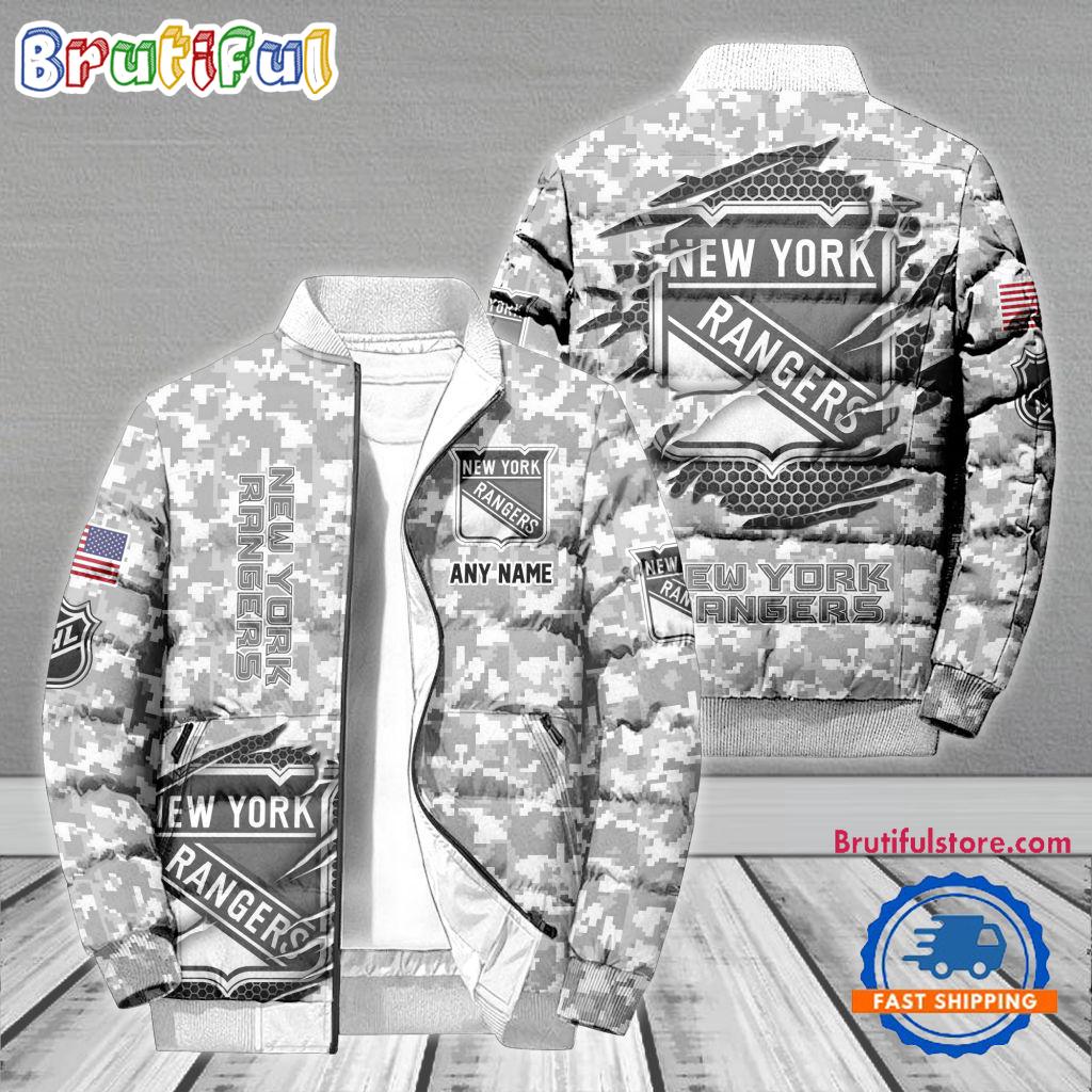 NHL New York Rangers Special Camo Honor Veterans Puffer Jacket, Hockey Team Design Jacket