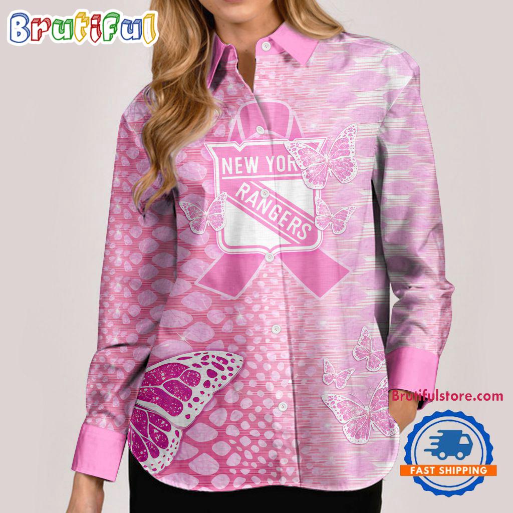 NHL New York Rangers Special Pink Fight Breast Cancer Women's Casual Shirt, Hockey Woman Casual Shirt