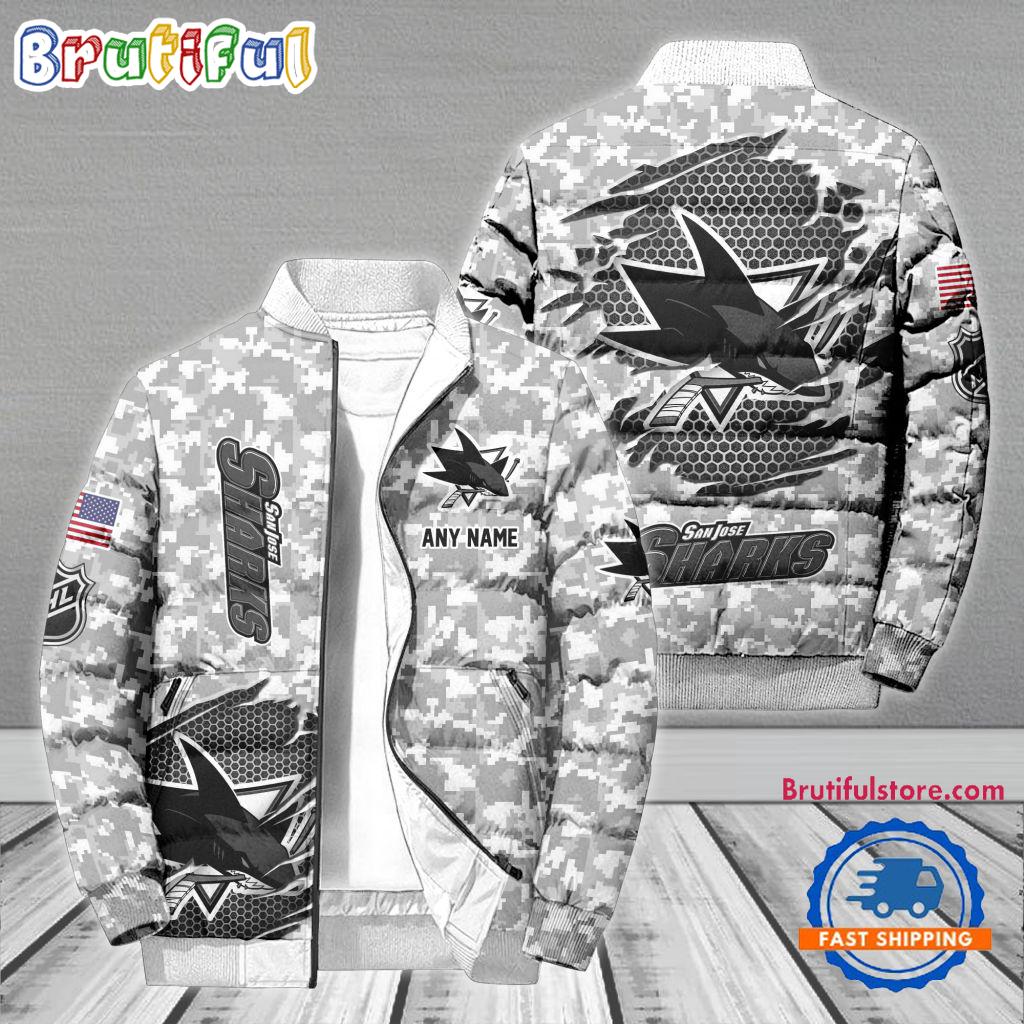 NHL San Jose Sharks Special Camo Honor Veterans Puffer Jacket, Hockey Team Design Jacket
