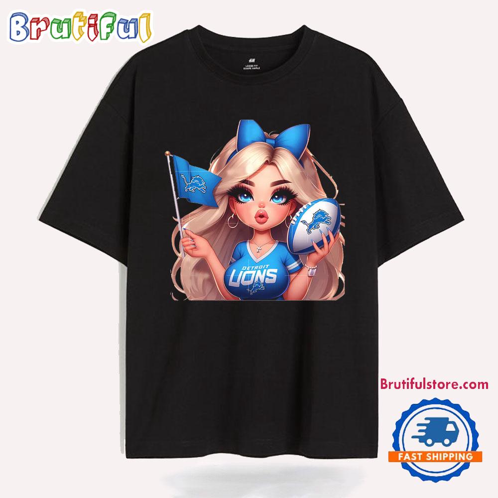 Girl Hold Flag Cheer Football Team Win Super Bowl Detroit Lions T Shirt