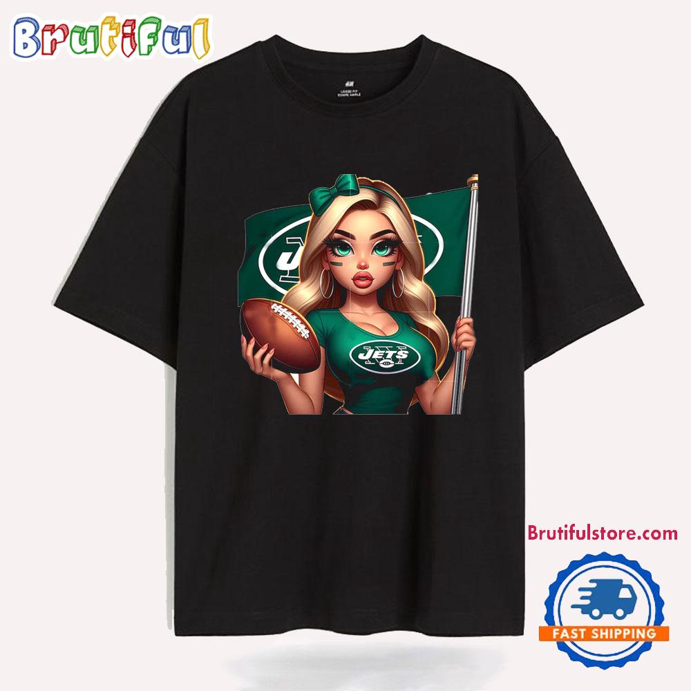 Girl Hold Flag Cheer Football Team Win Super Bowl New York Jets T Shirt