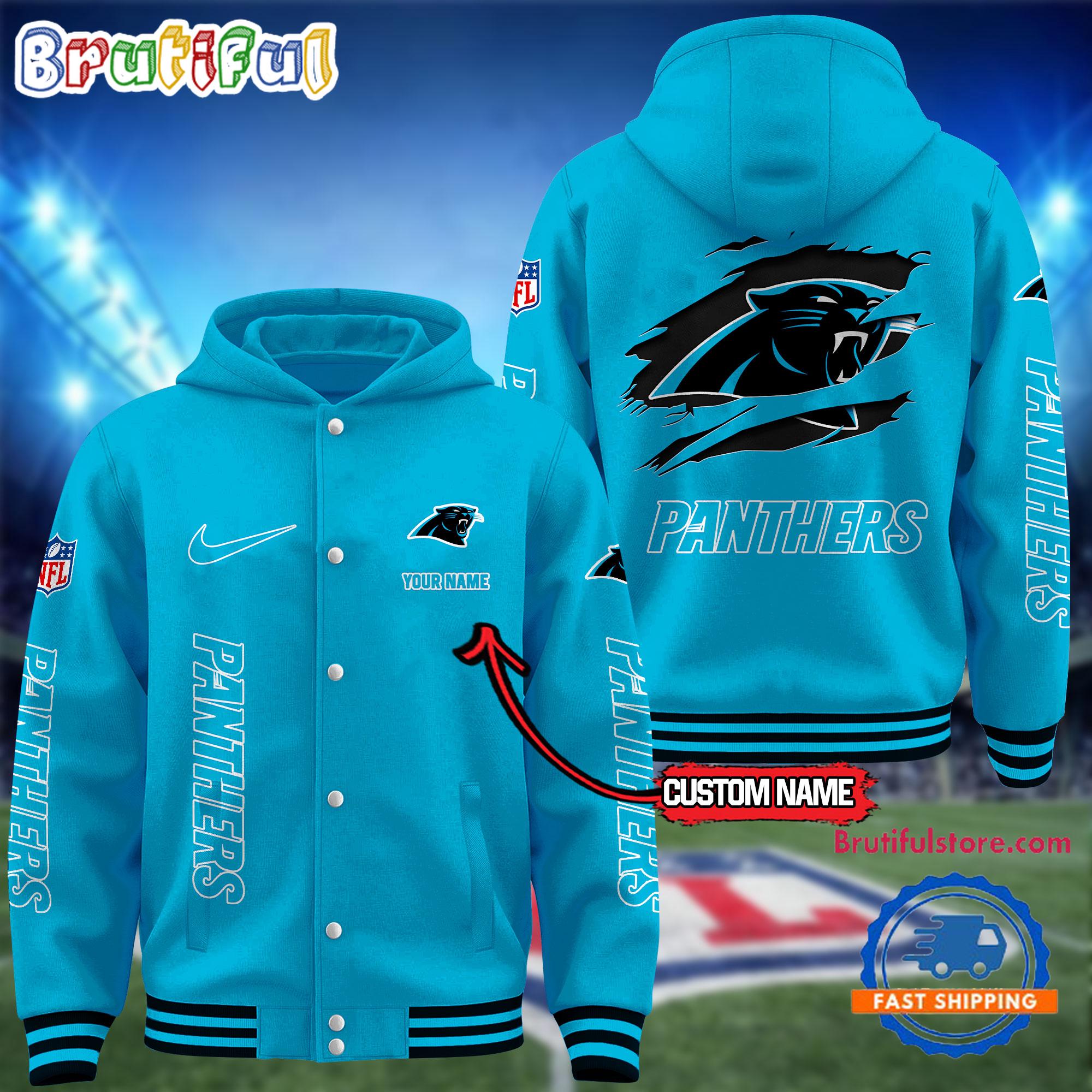 NFL Carolina Panthers Football New Season Design Hooded Baseball Jacket, Custom Name Sport Jacket