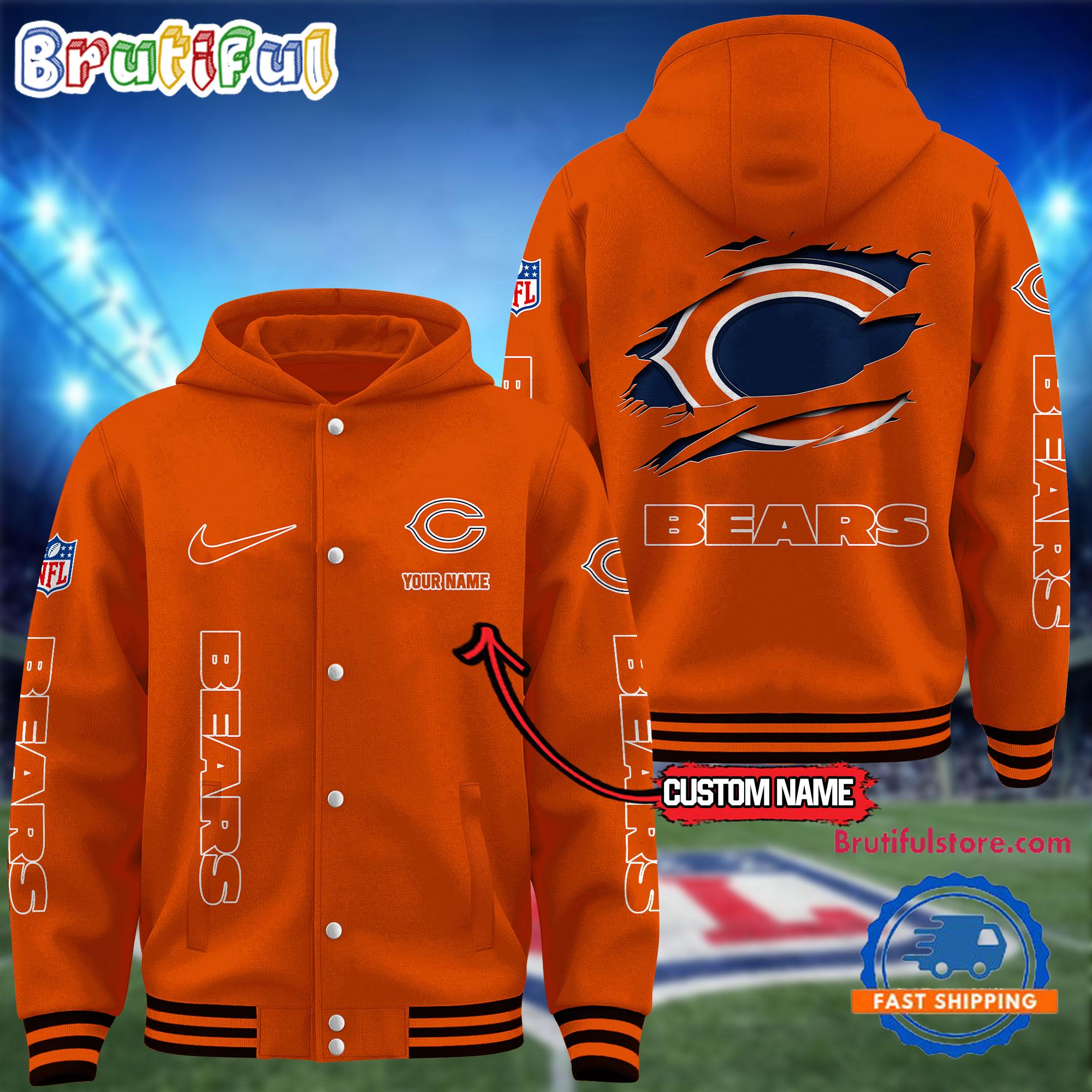 NFL Chicago Bears Football New Season Design Hooded Baseball Jacket, Custom Name Sport Jacket