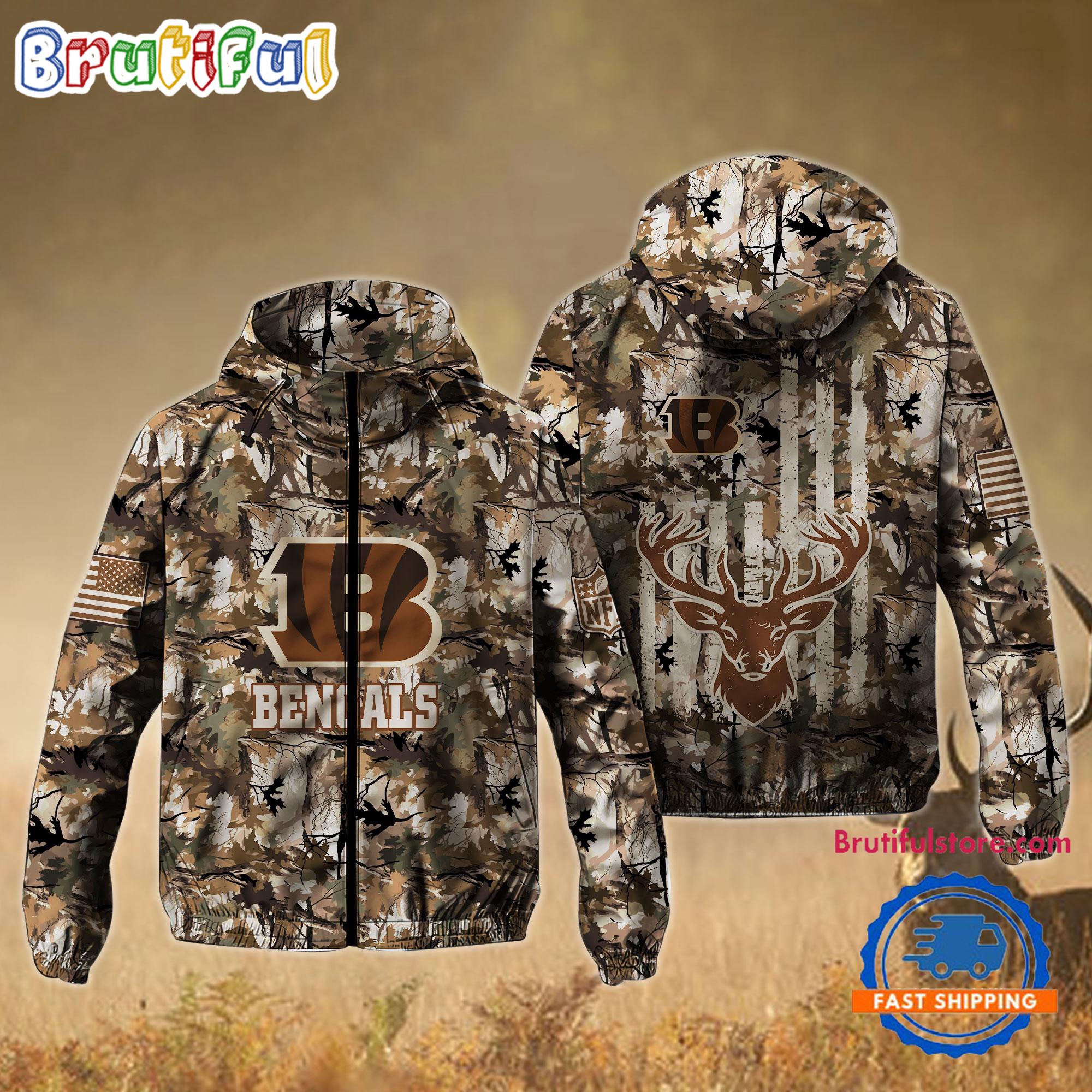 NFL Cincinnati Bengals Football Camo Hunting Deer Windbreaker Outdoor Jacket