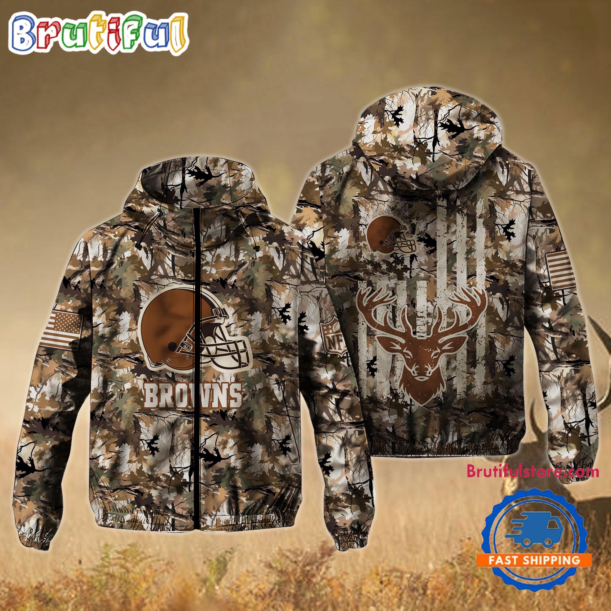 NFL Cleveland Browns Football Camo Hunting Deer Windbreaker Outdoor Jacket