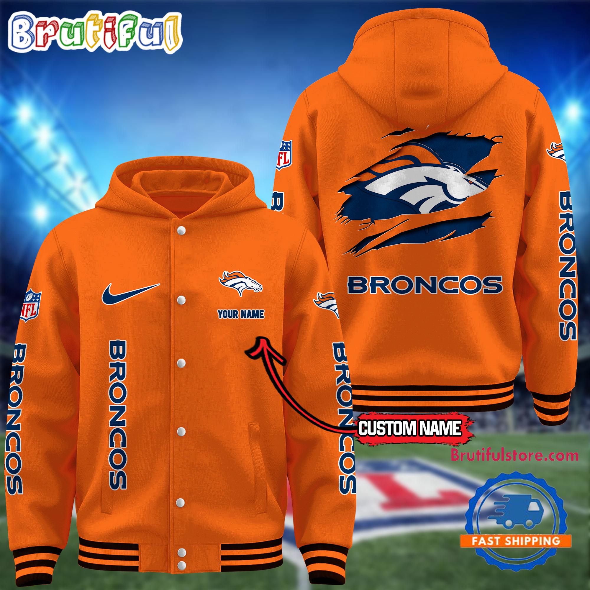 NFL Denver Broncos Football New Season Design Hooded Baseball Jacket, Custom Name Sport Jacket