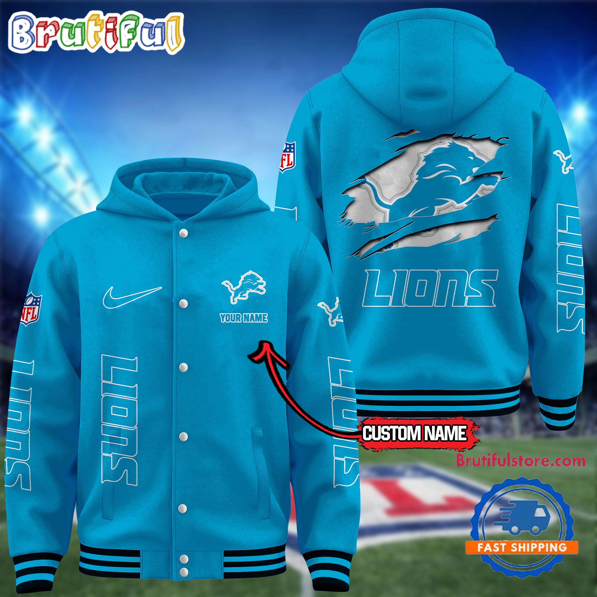 NFL Detroit Lions Football New Season Design Hooded Baseball Jacket, Custom Name Sport Jacket