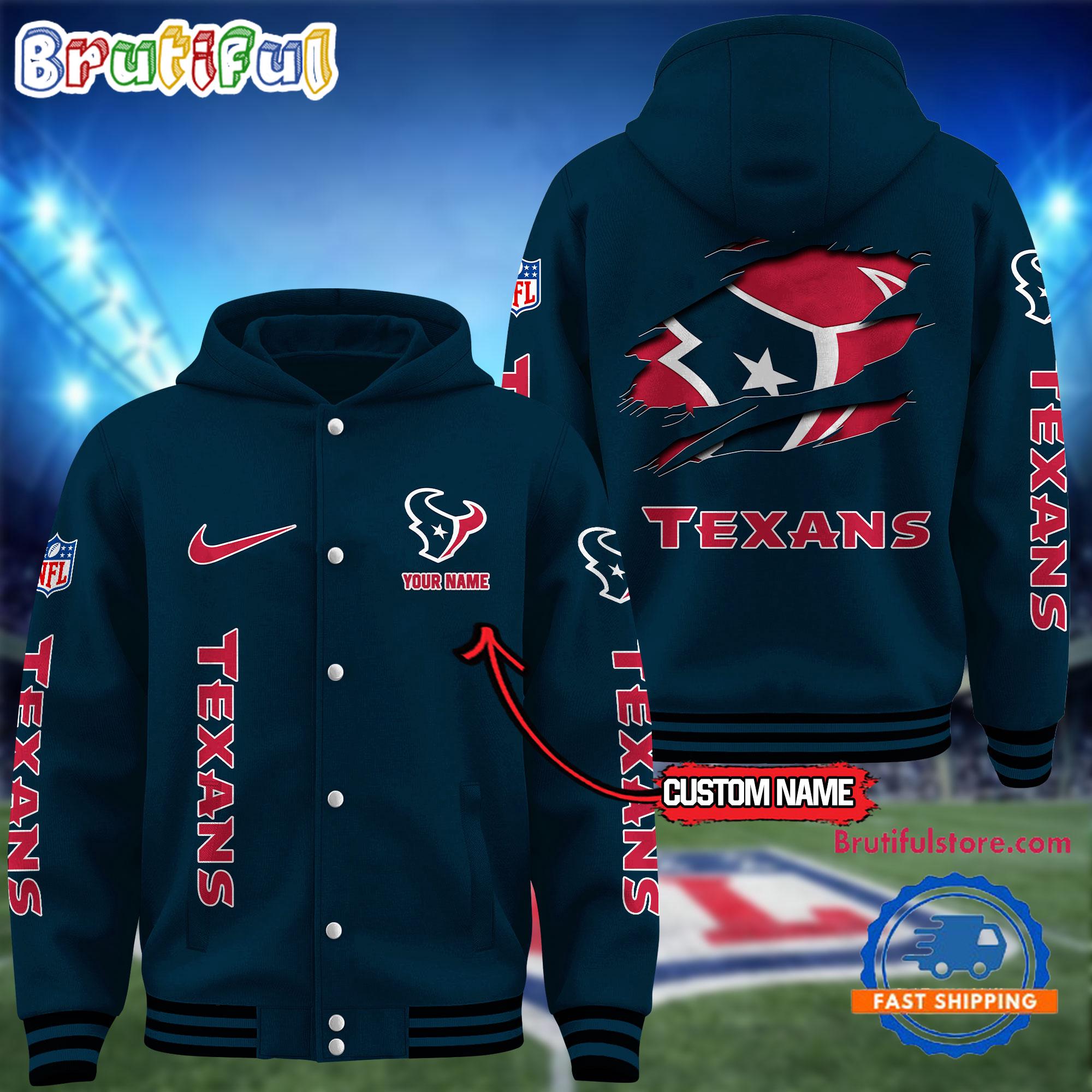 NFL Houston Texans Football New Season Design Hooded Baseball Jacket, Custom Name Sport Jacket