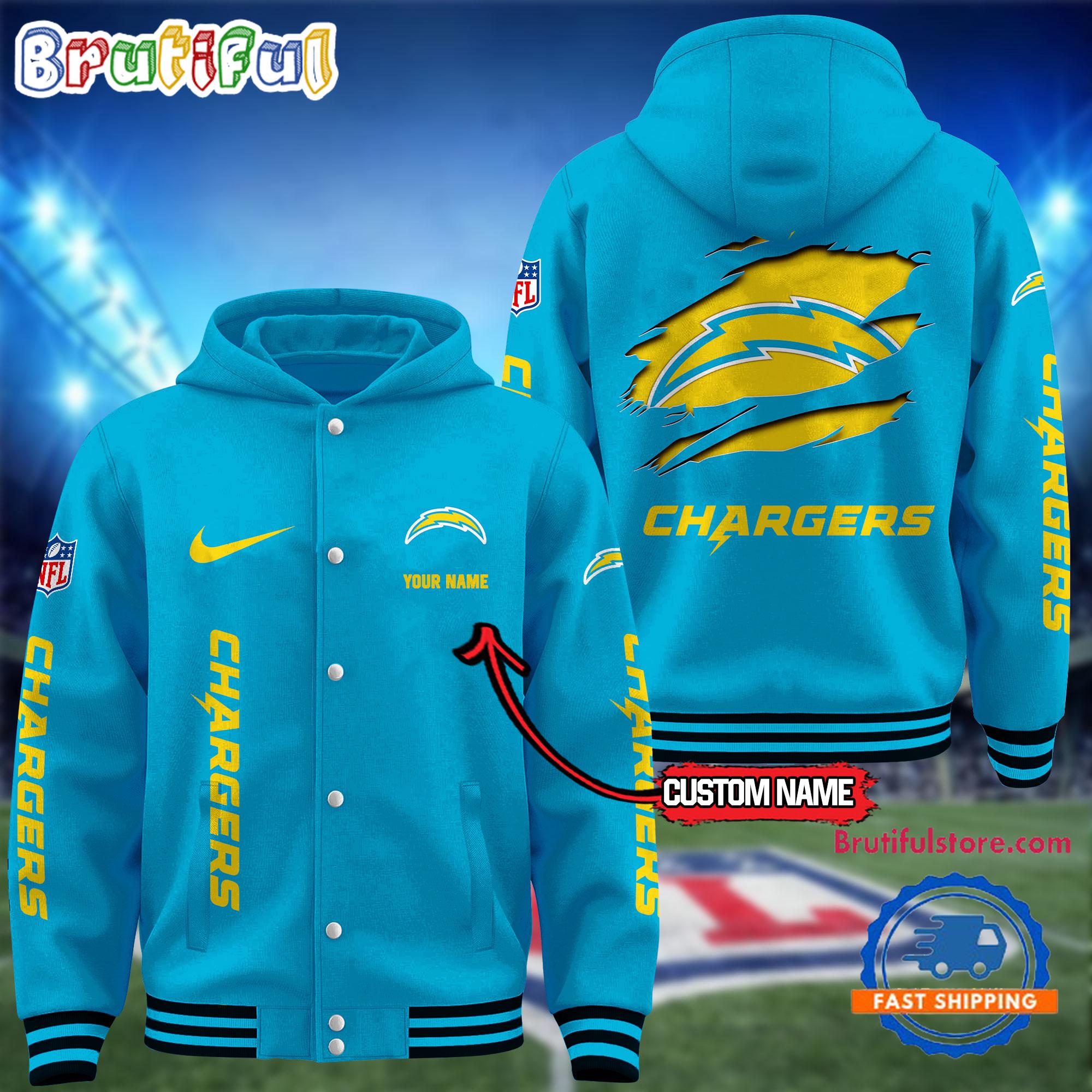 NFL Los Angeles Chargers Football New Season Design Hooded Baseball Jacket, Custom Name Sport Jacket