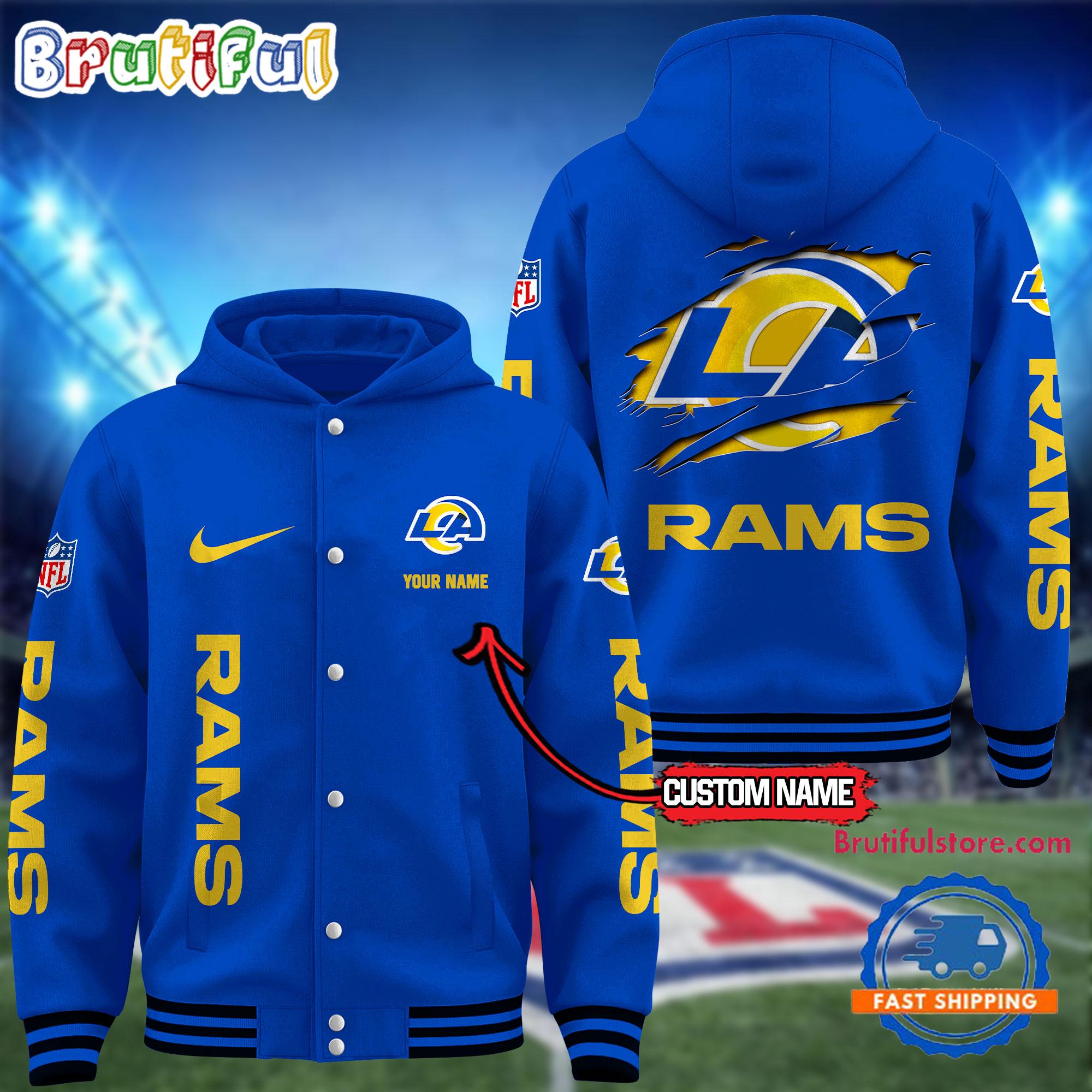 NFL Los Angeles Rams Football New Season Design Hooded Baseball Jacket, Custom Name Sport Jacket