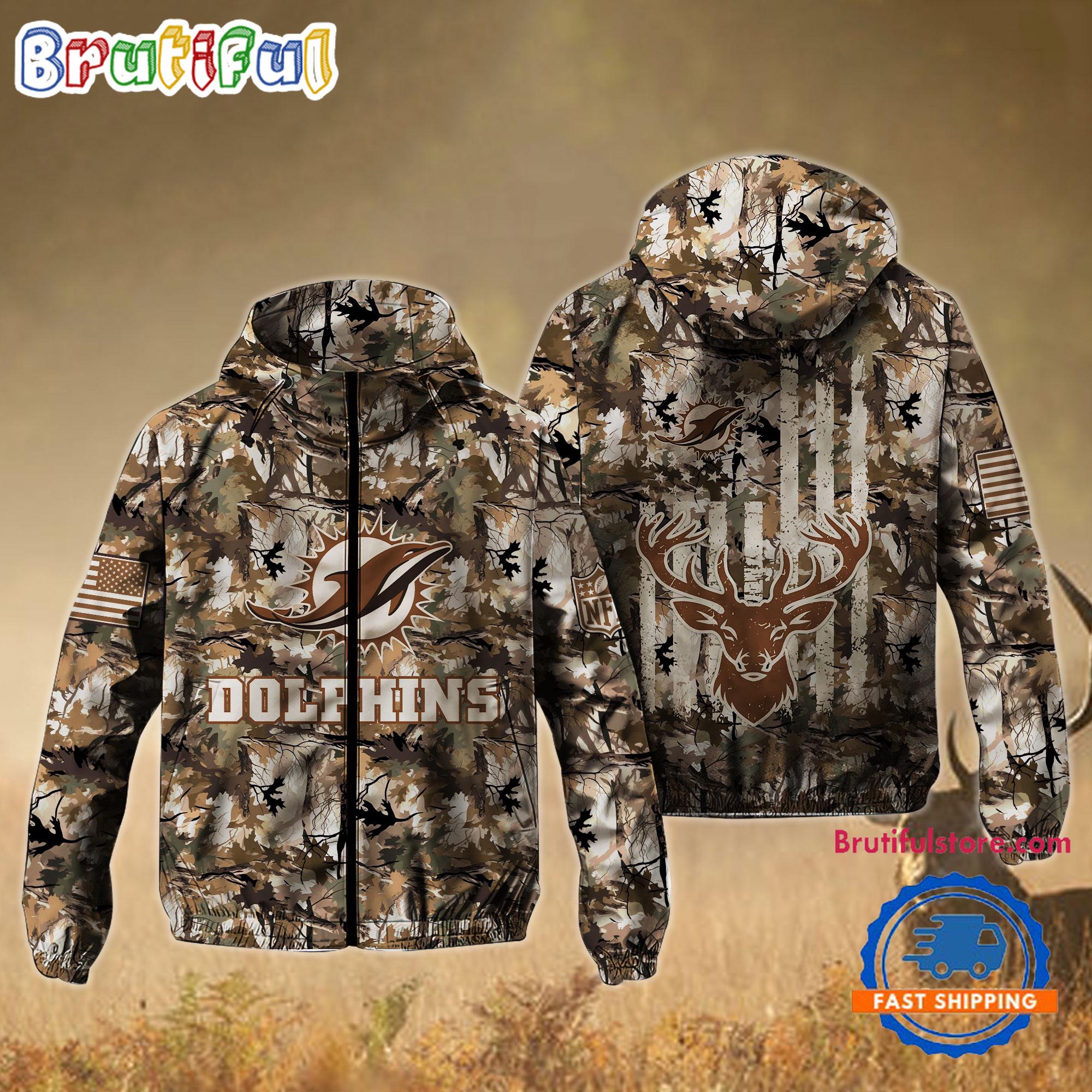 NFL Miami Dolphins Football Camo Hunting Deer Windbreaker Outdoor Jacket