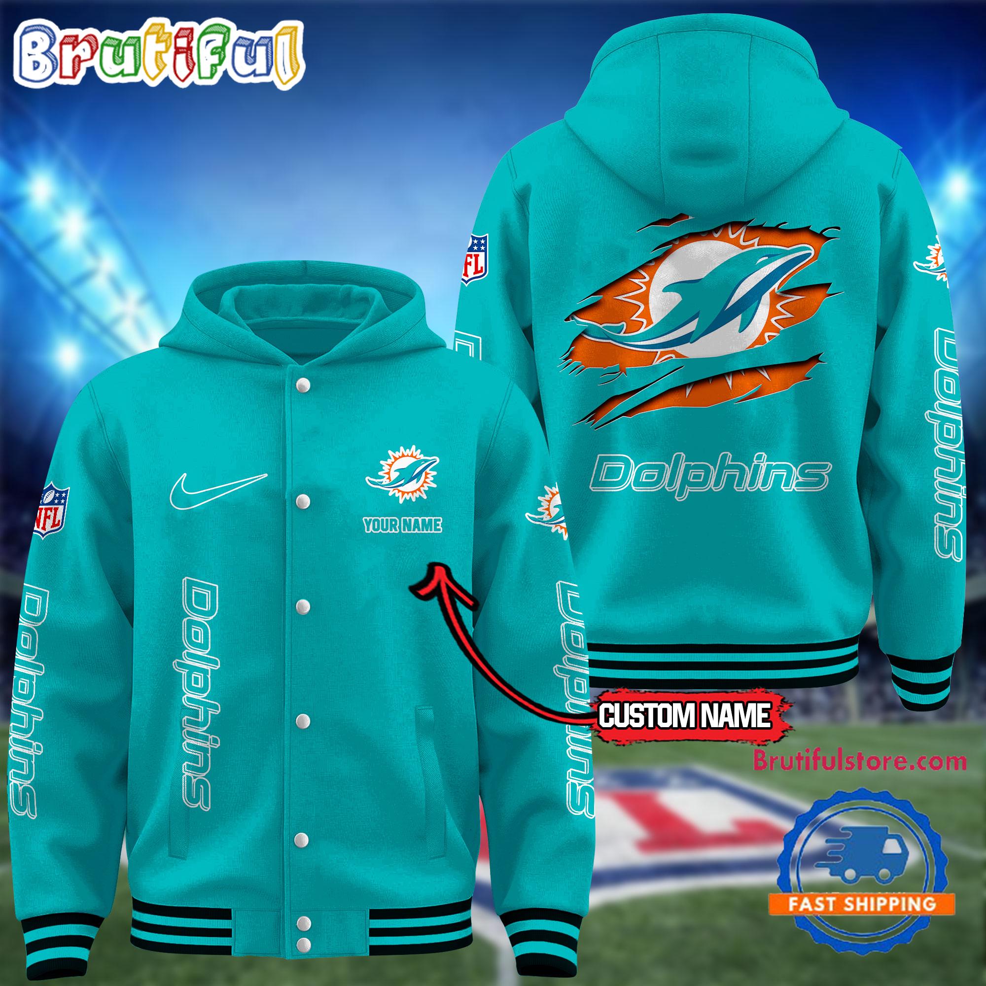 NFL Miami Dolphins Football New Season Design Hooded Baseball Jacket, Custom Name Sport Jacket