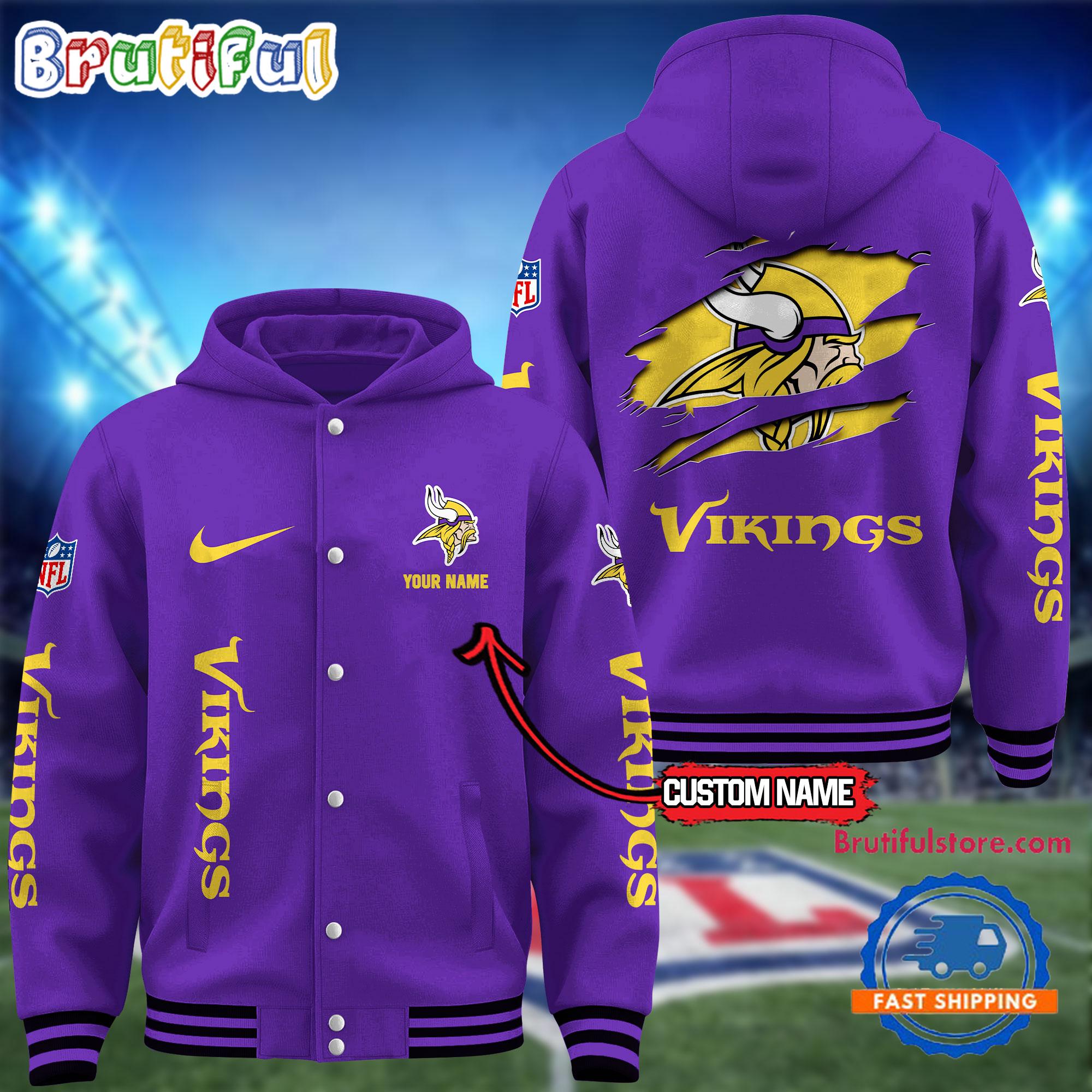 NFL Minnesota Vikings Football New Season Design Hooded Baseball Jacket, Custom Name Sport Jacket