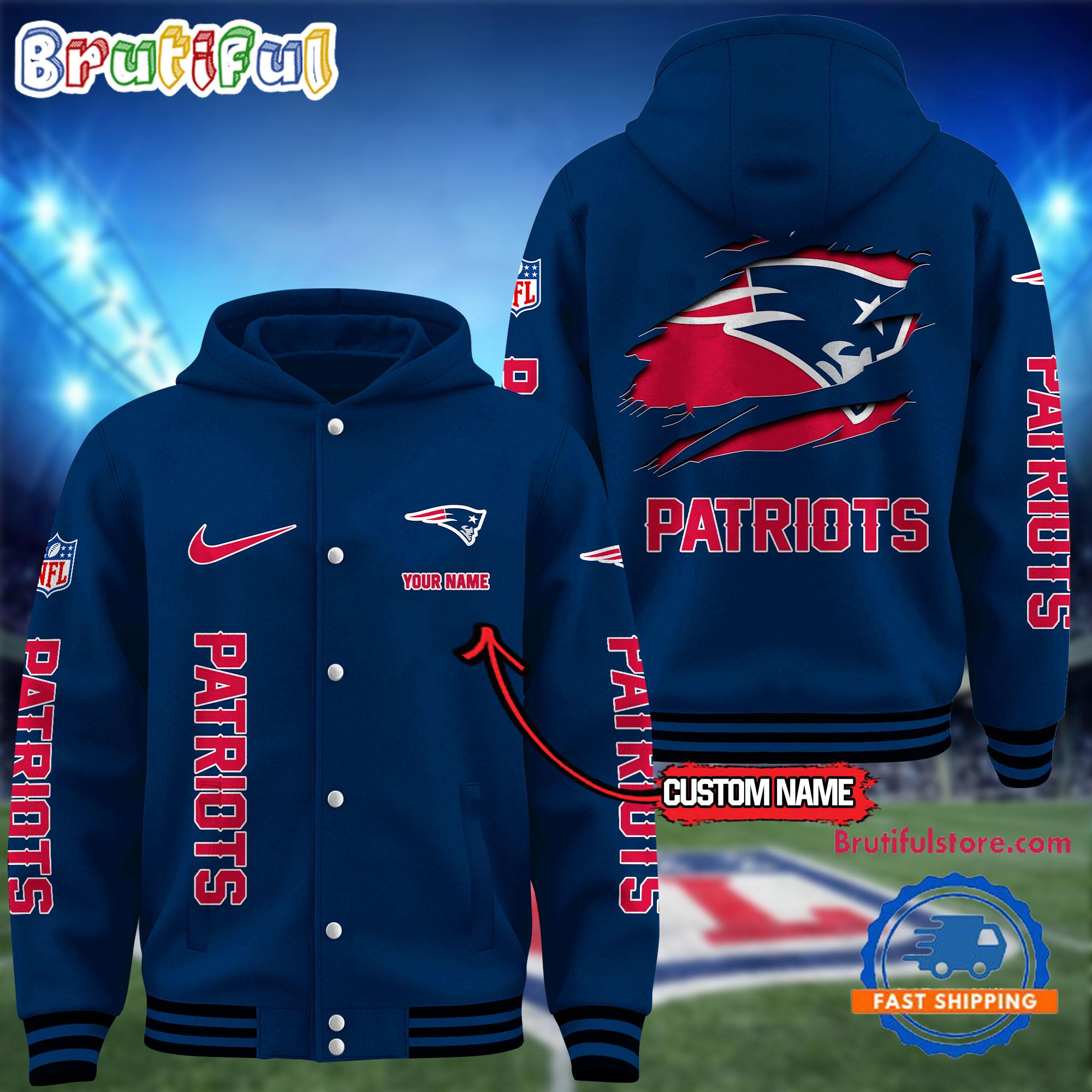 NFL New England Patriots Football New Season Design Hooded Baseball Jacket, Custom Name Sport Jacket