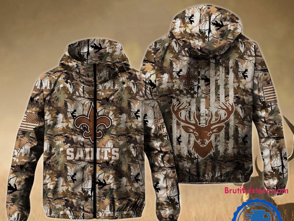 NFL New Orleans Saints ウィンドブレーカー NFL New Orleans Saints Football Camo Hunting Deer Windbreaker