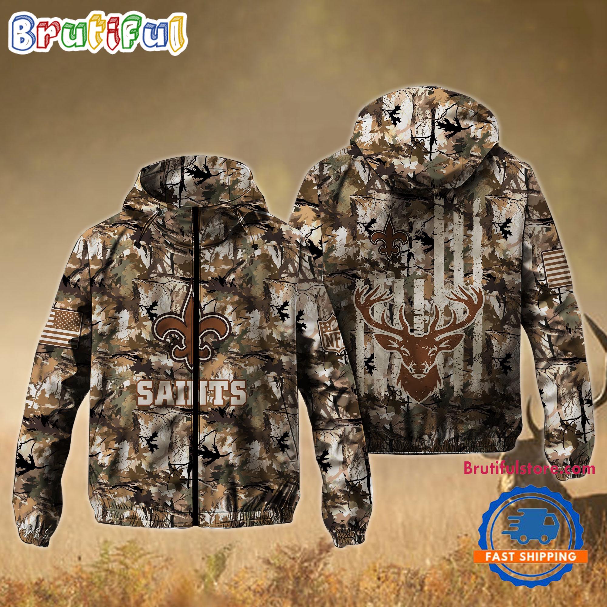 NFL New Orleans Saints Football Camo Hunting Deer Windbreaker Outdoor Jacket