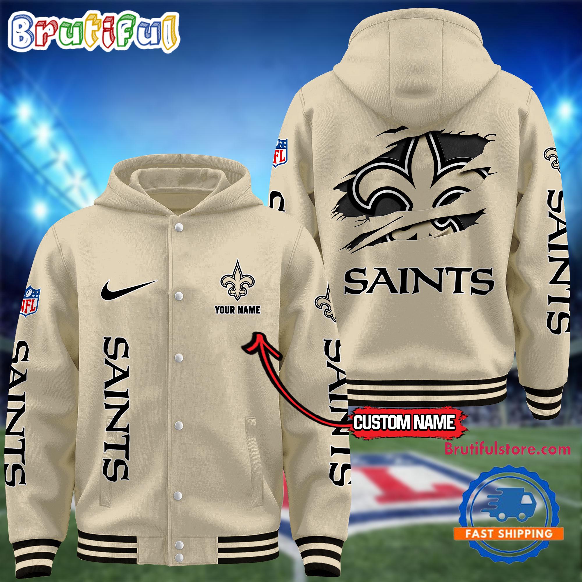NFL New Orleans Saints Football New Season Design Hooded Baseball Jacket, Custom Name Sport Jacket