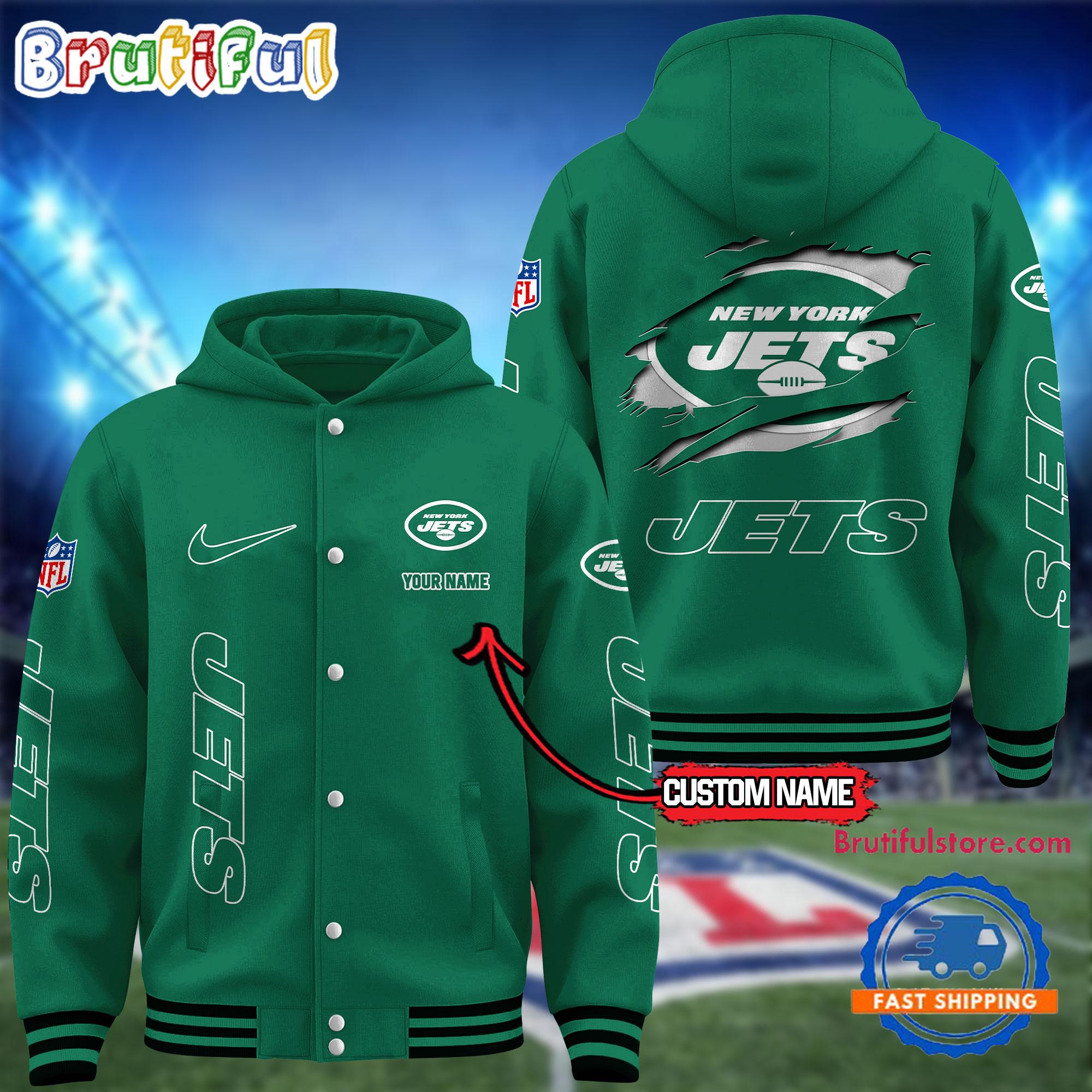 NFL New York Jets Football New Season Design Hooded Baseball Jacket, Custom Name Sport Jacket